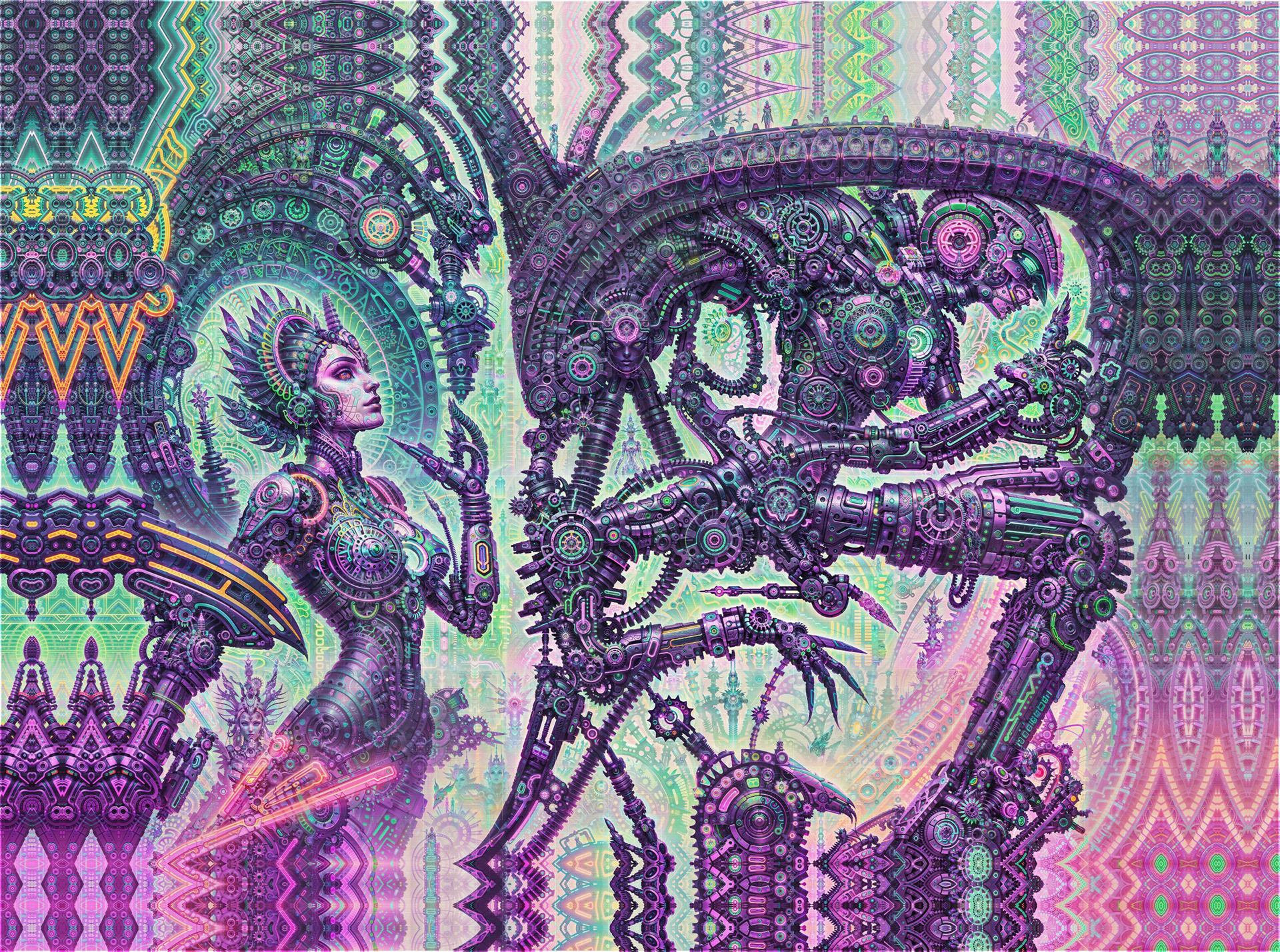 Intricate biomechanical psychedelic visionary art by Sri Lankan artist Nuwan Shilpa Hennayake, featuring a profile of a cybernetic feminine entity facing a complex, recursive machine creature amidst glowing purple fractal patterns and cosmic mechanical geometry.