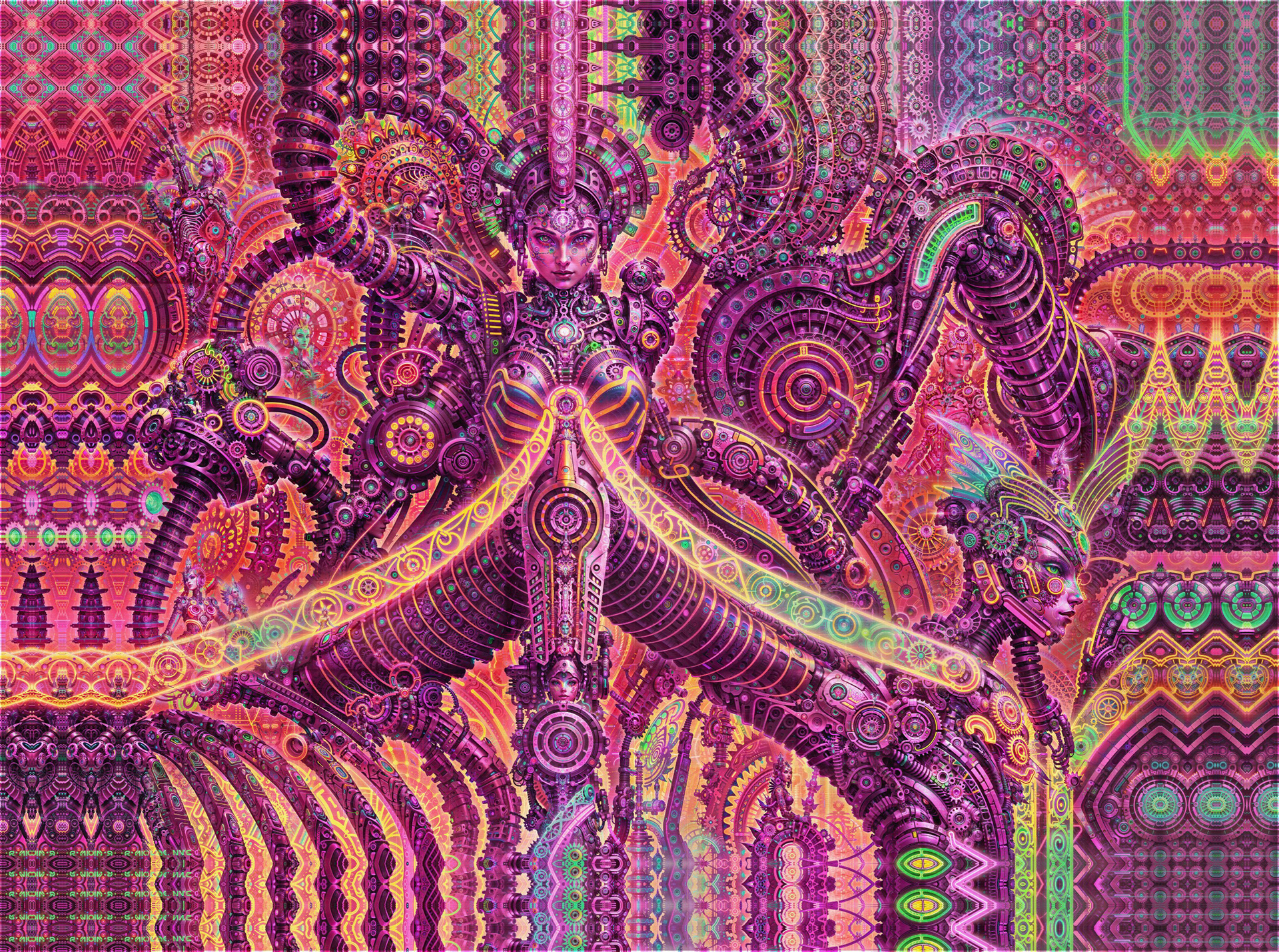 Intricate biomechanical psychedelic visionary art by Sri Lankan artist Nuwan Shilpa Hennayake, featuring a central feminine deity integrated into a complex fractal pink and purple machine landscape with symmetrical cyborg patterns and cosmic energy.