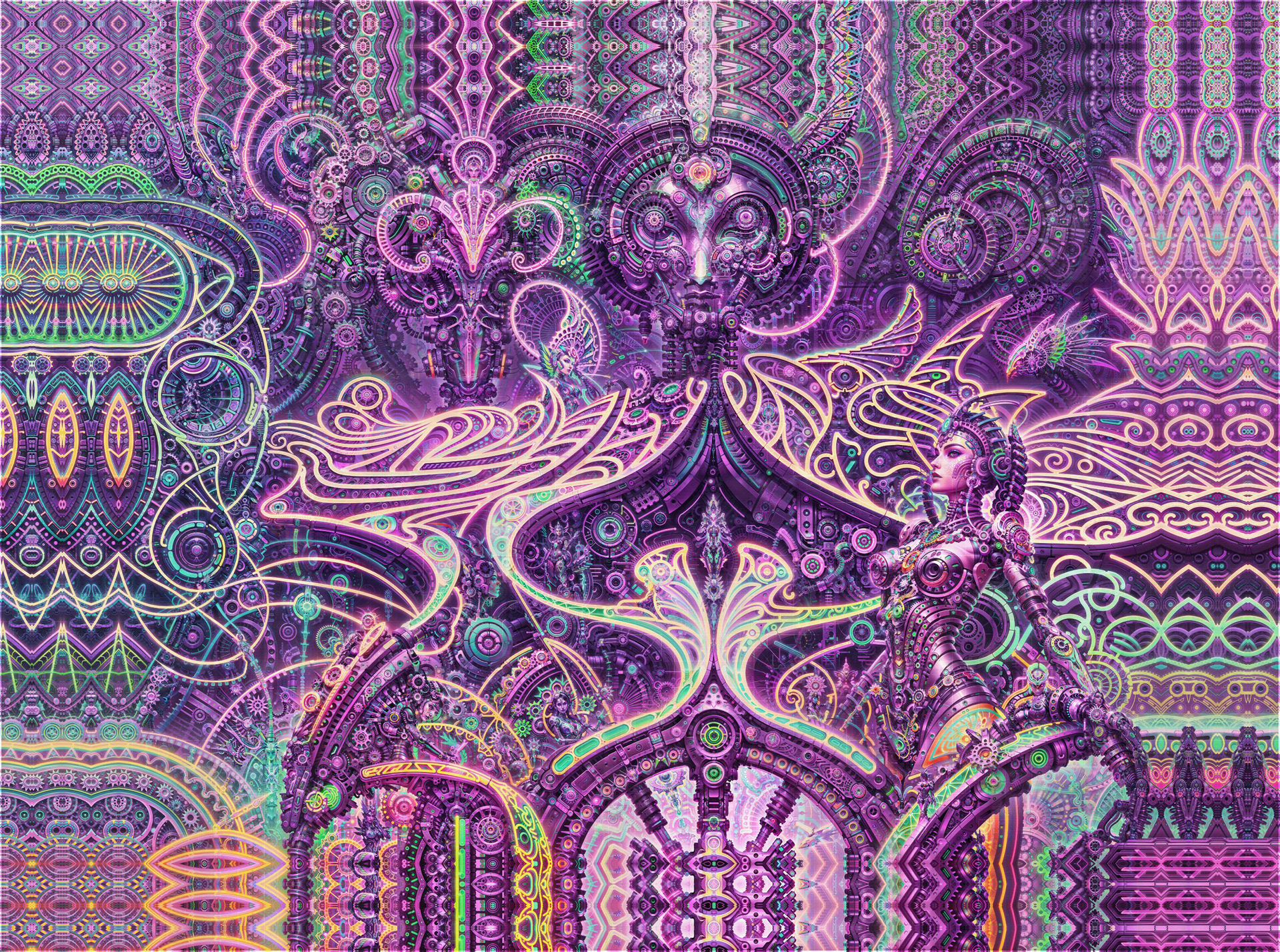 Intricate biomechanical psychedelic visionary art by Sri Lankan artist Nuwan Shilpa Hennayake, featuring a central cyborg deity and a profile of a mechanical goddess integrated into a vast, symmetrical purple machine landscape with glowing neon patterns and complex fractal geometry.