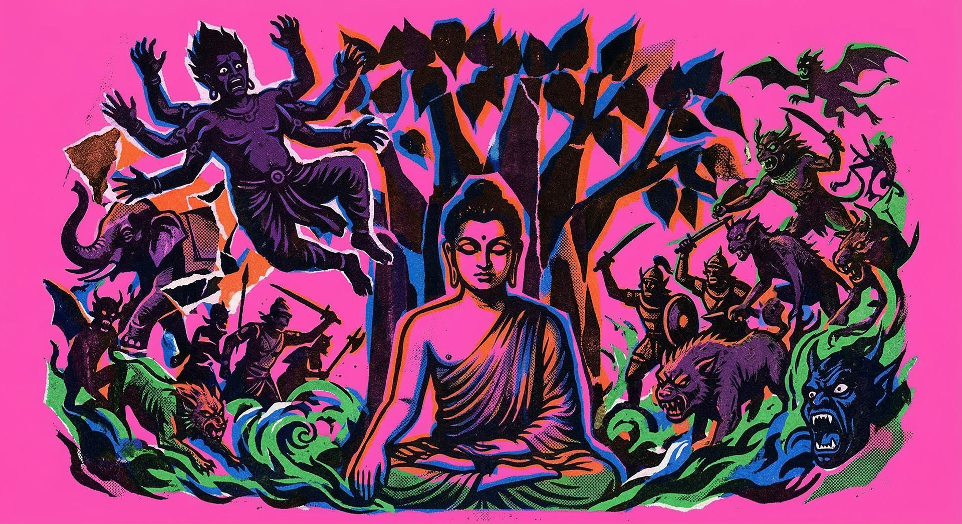 Detailed psychedelic pop-art reinterpretation of Buddhist iconography by Sri Lankan artist Nuwan Shilpa Hennayake, showing a serene Buddha seated in meditation under a Bodhi tree, surrounded by a swirling horde of multi-armed demons and monstrous entities on a vibrant pink background.
