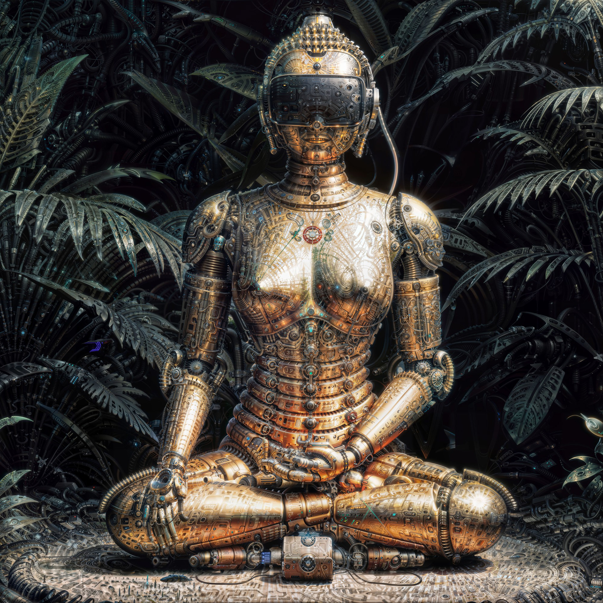Highly detailed biomechanical psychedelic visionary art by Sri Lankan artist Nuwan Shilpa Hennayake, featuring a central golden feminine android in a meditative lotus pose. The figure wears an advanced VR-style mental interface headset and is integrated into a dark, lush tropical background of Giger-esque mechanical palms and intricate neural wiring.