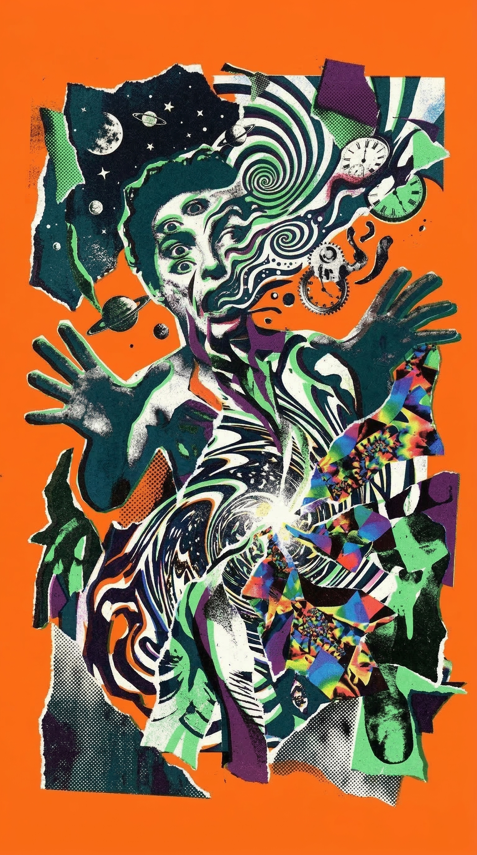 Dynamic psychedelic pop-art collage by Sri Lankan artist Nuwan Shilpa Hennayake, featuring a multi-eyed figure in a state of shock, surrounded by floating clocks, celestial planets, and a vortex of swirling liquid patterns against a bold orange background.