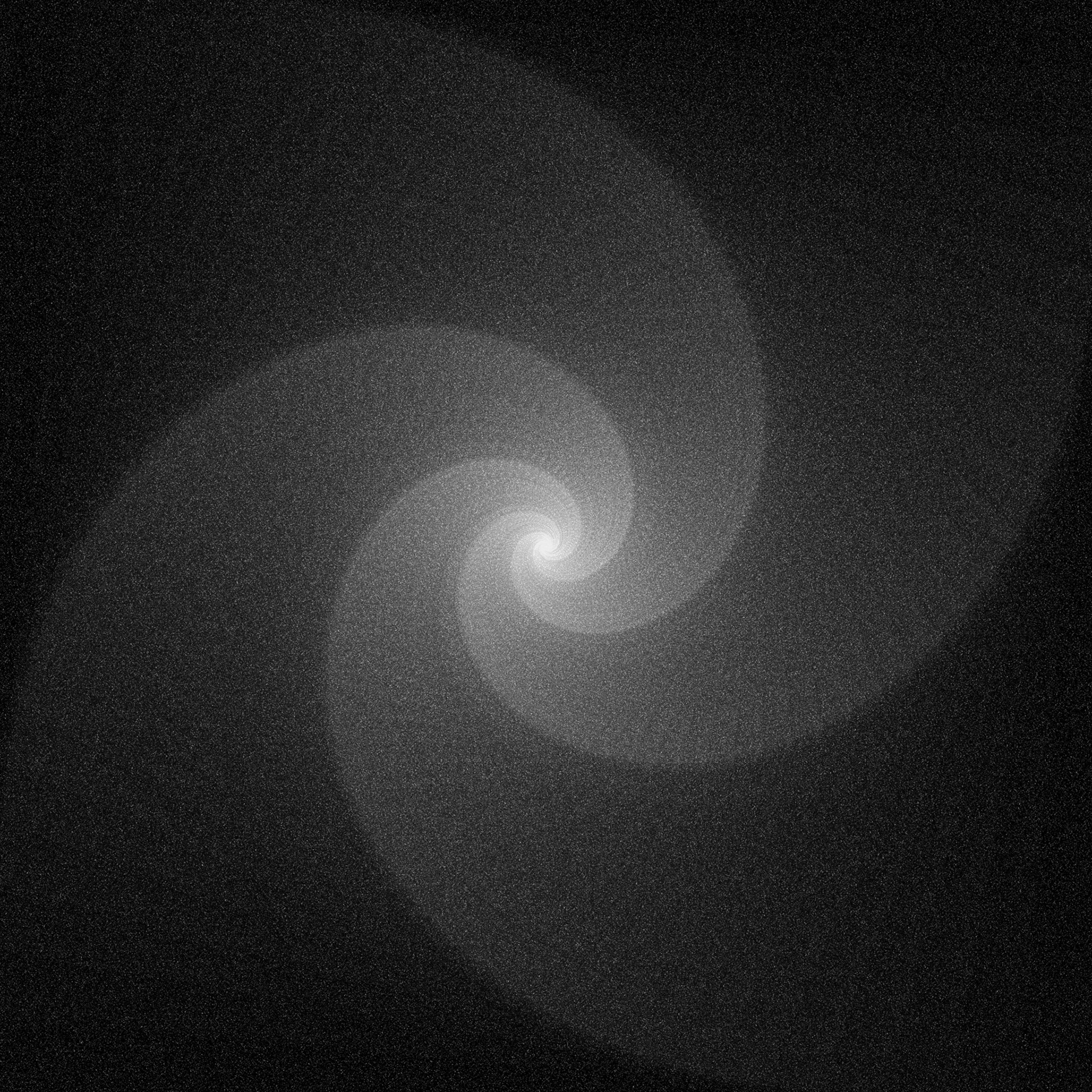 Abstract monochromatic visionary art by Sri Lankan artist Nuwan Shilpa Hennayake, featuring a central glowing spiral composed of dense, granular white noise particles that fade into a dark cosmic vortex.