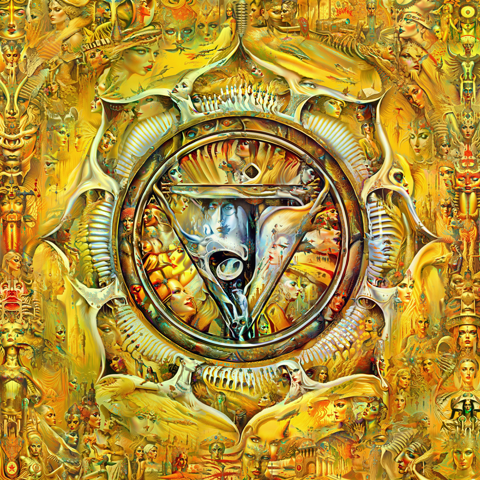 Ornate biomechanical psychedelic visionary art by Sri Lankan artist Nuwan Shilpa Hennayake, featuring a central triangular portal filled with faces and symbolic imagery, surrounded by a dense, golden-hued landscape of recursive anatomical patterns, neural filaments, and H.R. Giger-inspired organic machine structures.