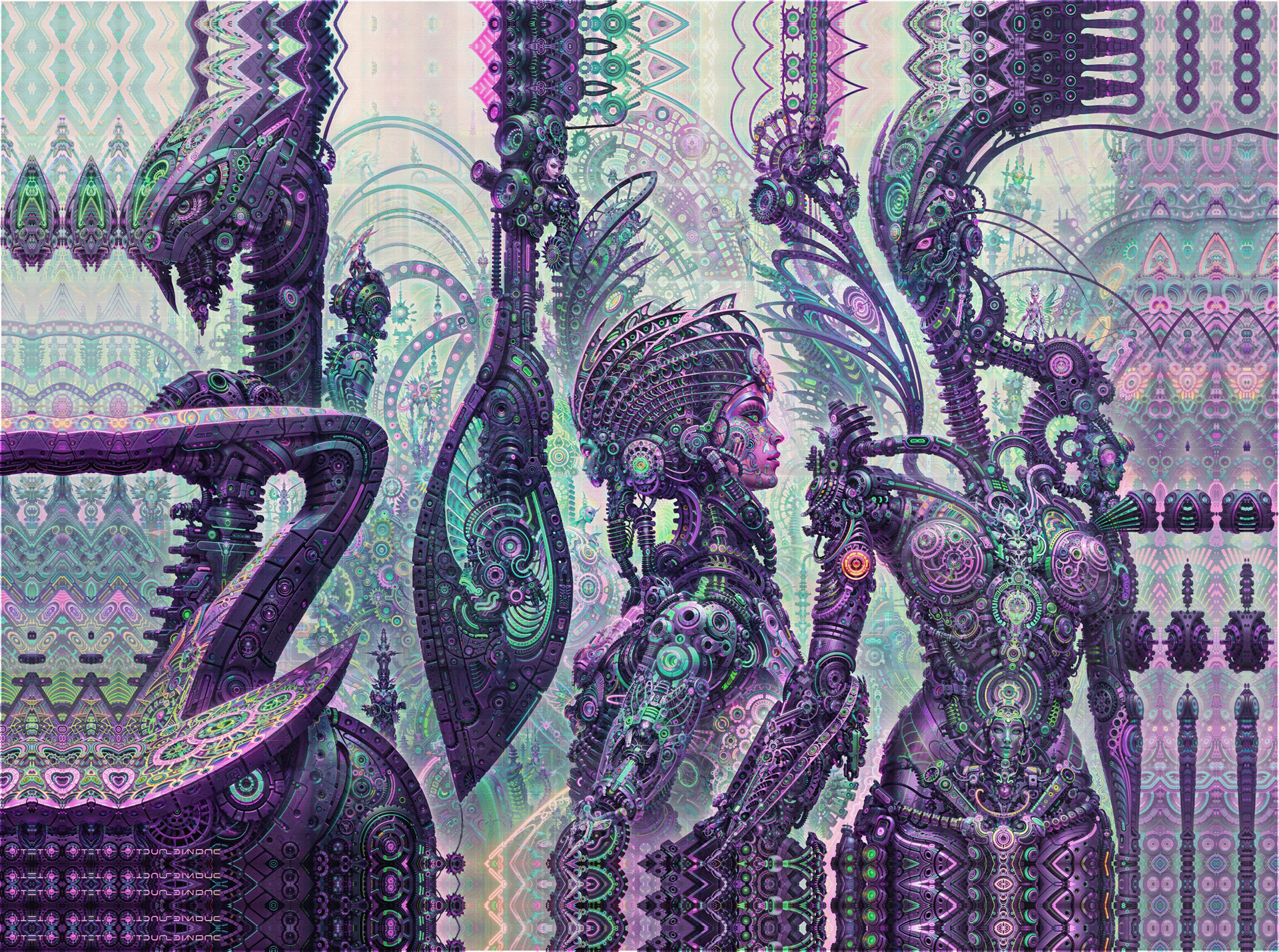 Detailed psychedelic visionary artwork by Sri Lankan artist Nuwan Shilpa Hennayake, depicting a profile of a biomechanical goddess adorned with an elaborate mechanical headdress amidst a teal and purple landscape of towering, ornate machine pillars and symmetrical fractal structures.