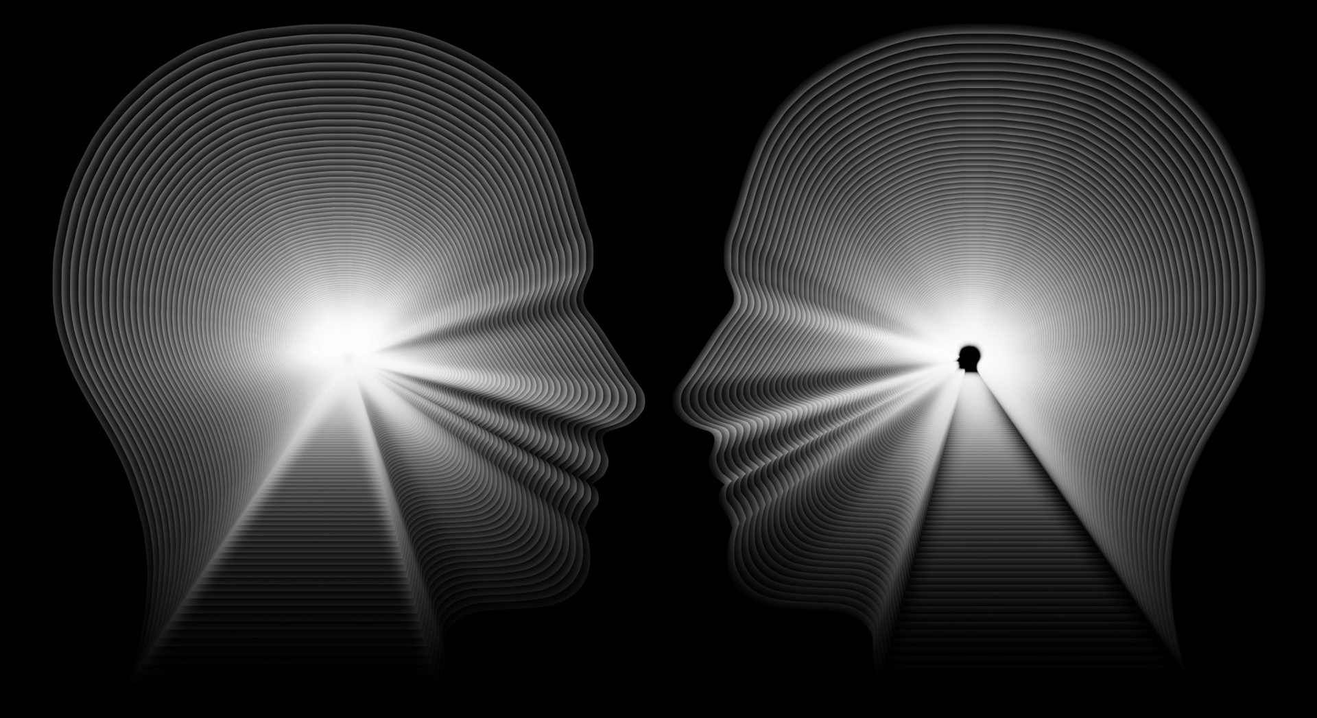 Striking monochromatic digital art by Sri Lankan artist Nuwan Shilpa Hennayake, featuring two profiles facing each other, rendered through a series of glowing white concentric outlines that create an internal landscape of light and shadow within the minds.