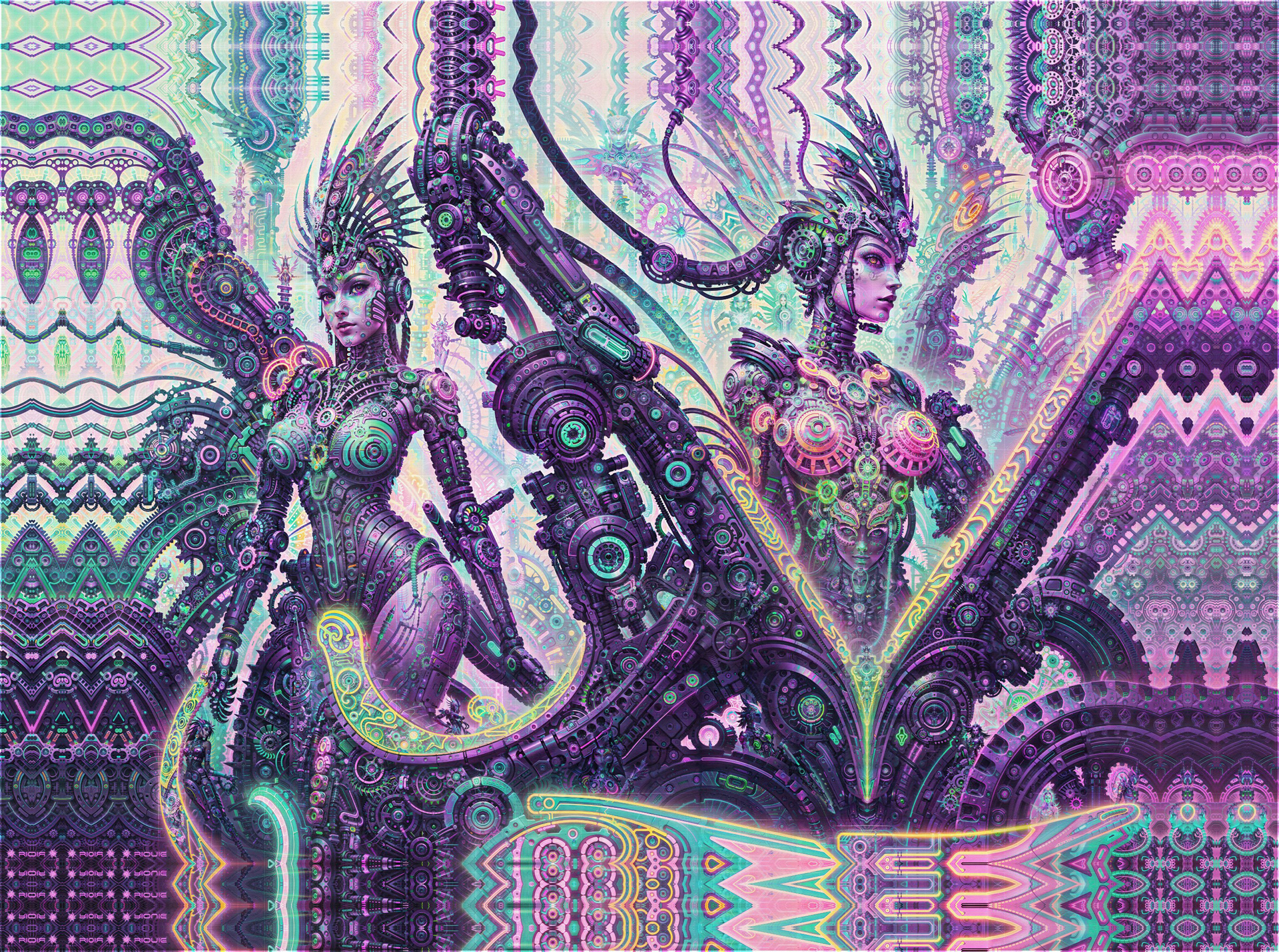 Ornate biomechanical psychedelic visionary art by Sri Lankan artist Nuwan Shilpa Hennayake, showcasing two cybernetic feminine entities with vibrant feathered headpieces integrated into a dense, purple-hued machine network of complex gears, neural filaments, and glowing circuit-like fractal patterns.