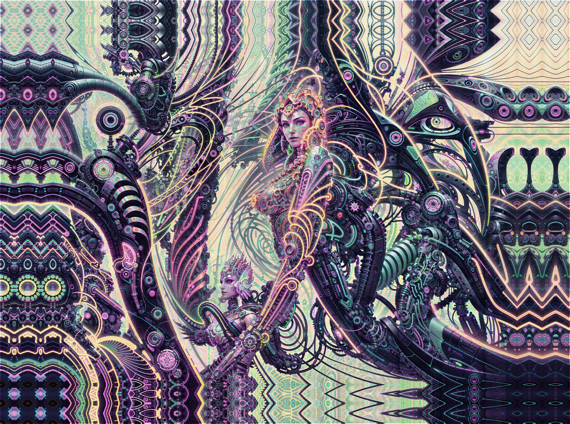 Intricate biomechanical psychedelic visionary art by Sri Lankan artist Nuwan Shilpa Hennayake, featuring a central feminine figure integrated into a complex, flowing machine landscape of purple and gold cybernetic tendrils, glowing mechanical eyes, and recursive fractal geometry.