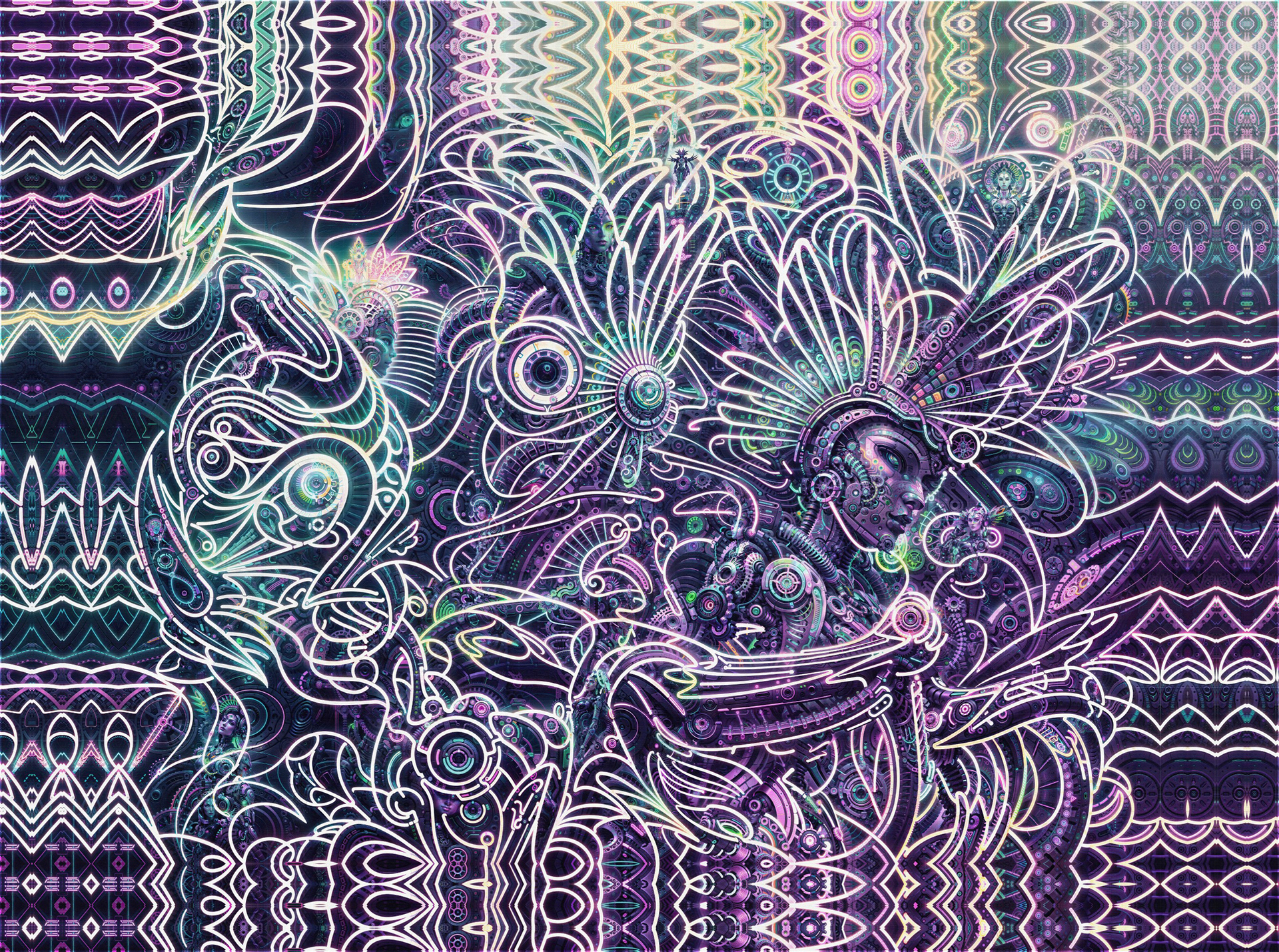 Monochromatic biomechanical psychedelic visionary art by Sri Lankan artist Nuwan Shilpa Hennayake, featuring a cybernetic feminine figure in profile rendered in luminous white linework against a dark purple void, surrounded by intricate glowing fractal gears and ethereal mechanical filaments.