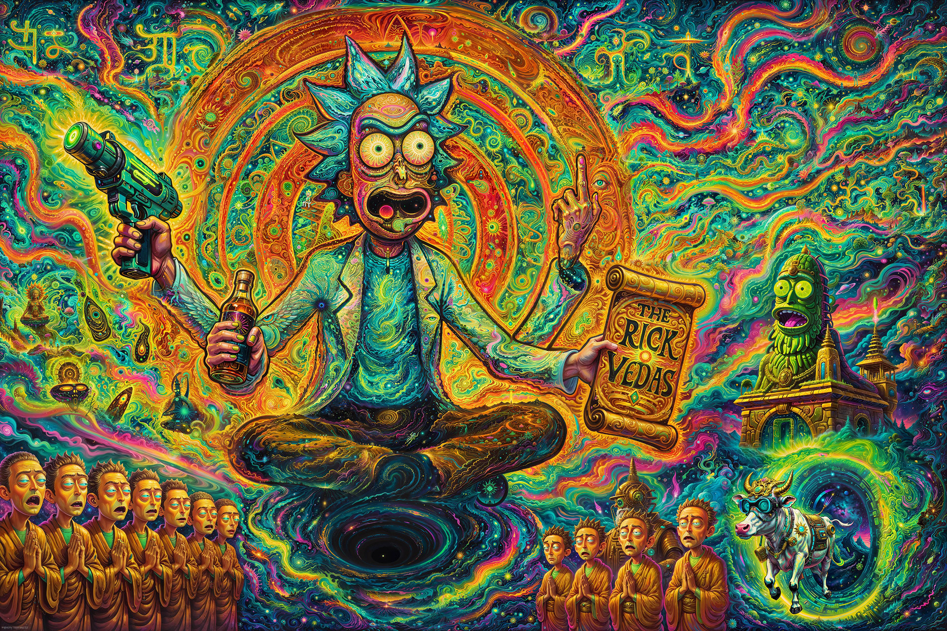Vibrant psychedelic visionary art by Sri Lankan artist Nuwan Shilpa Hennayake, featuring a central Rick Sanchez figure in a meditative pose holding a portal gun and 'The Rick Vedas' scroll, surrounded by a chaotic, colorful vortex of multi-dimensional Mortys, cosmic portals, and intricate fractal energy patterns.