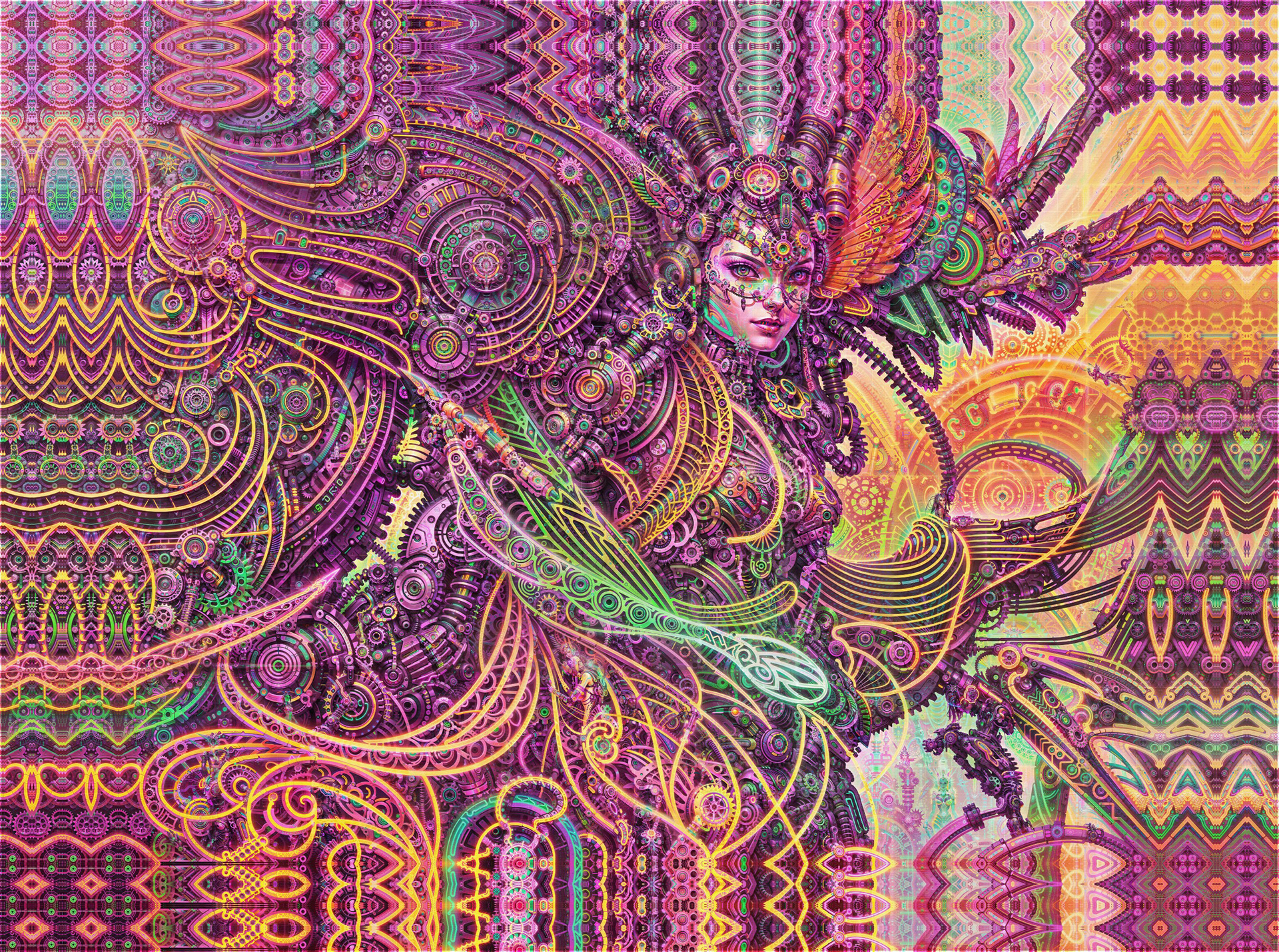 Detailed psychedelic visionary artwork by Sri Lankan artist Nuwan Shilpa Hennayake, depicting a biomechanical goddess adorned with golden gears and neon filaments amidst a swirling, symmetrical fractal background of pink, yellow, and green mechanical patterns.