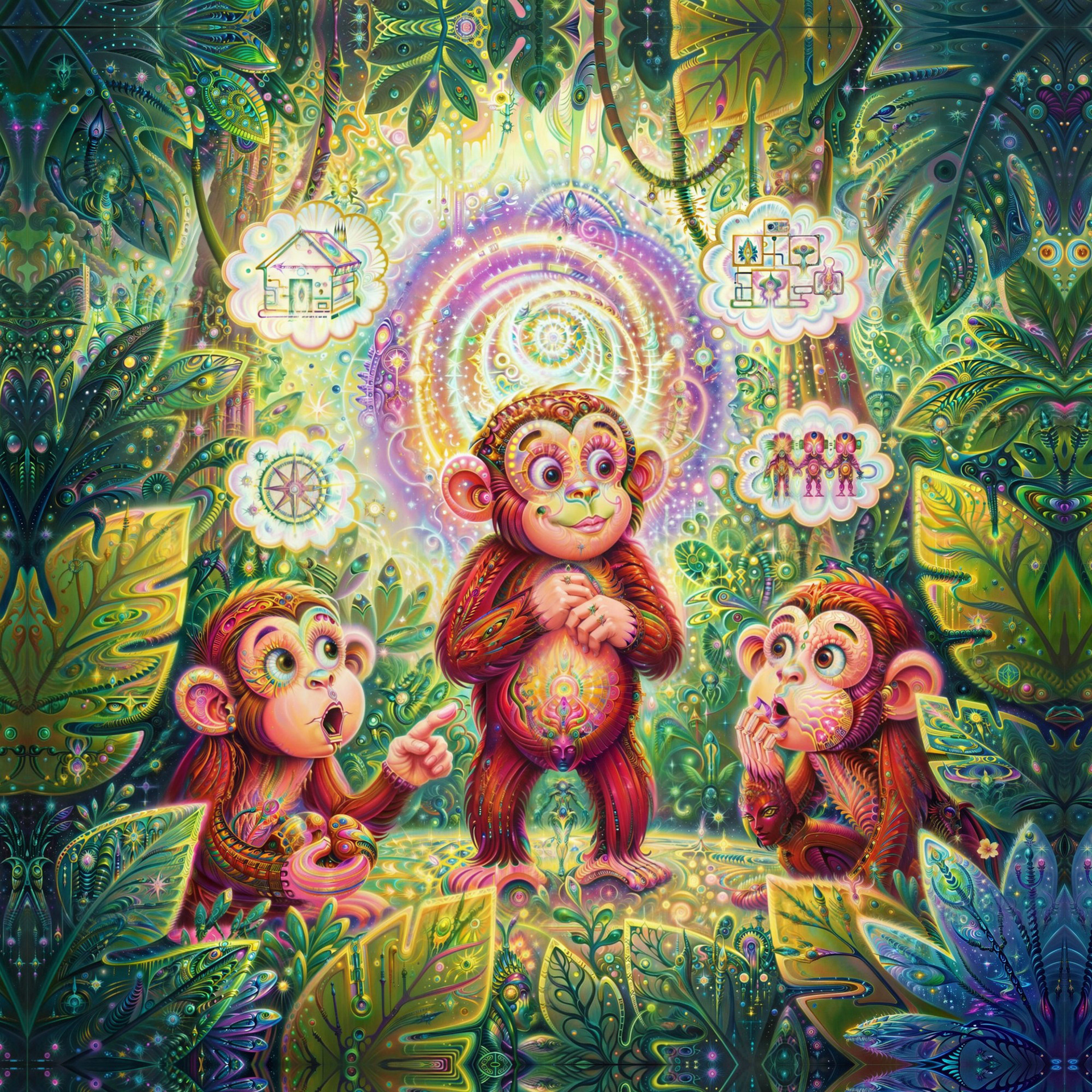 Manny realized the stone had changed him so, He became aware and conscious, you know. The other apes were amazed to see, The new thoughts and ideas that came to be.