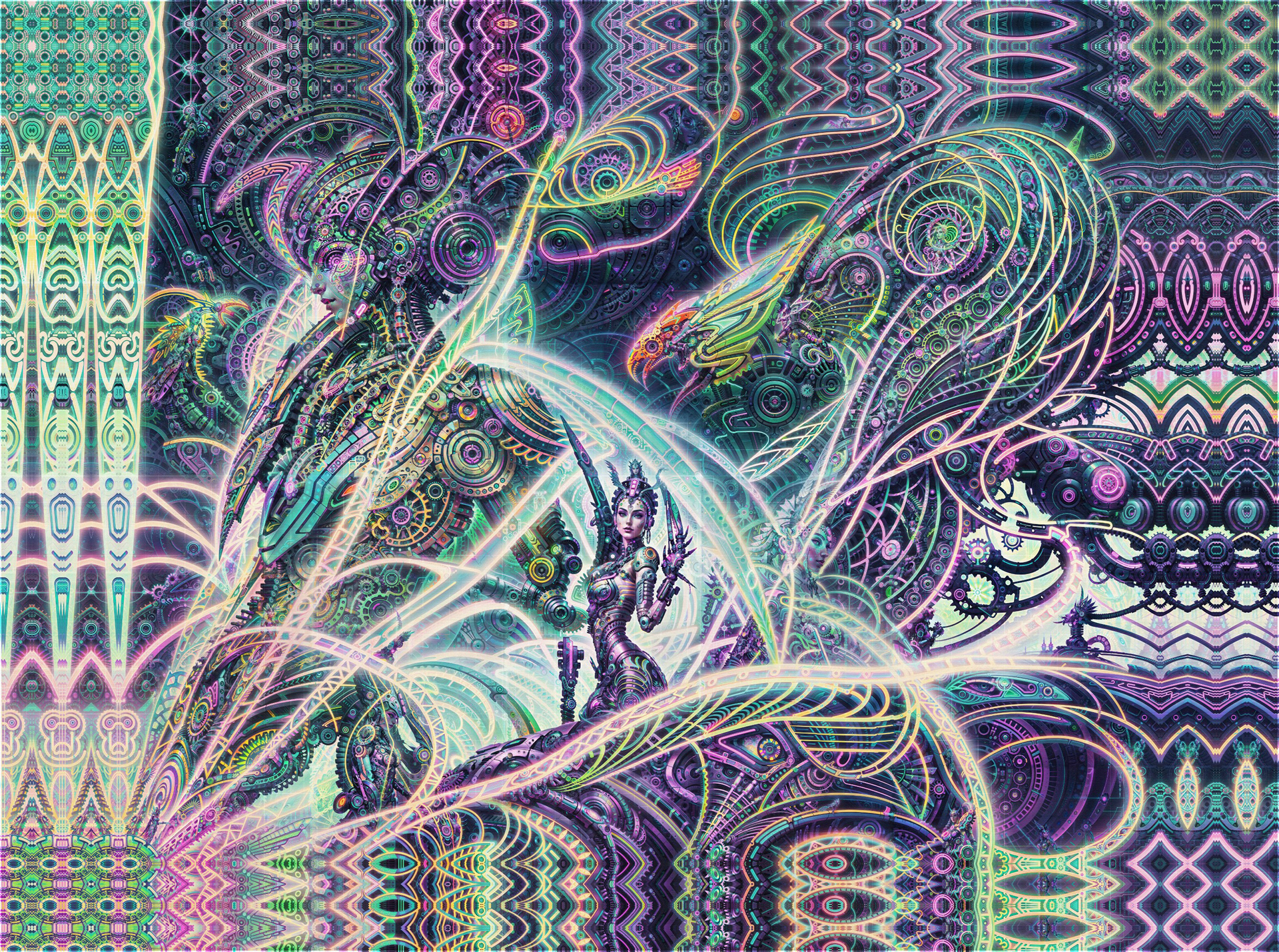 Complex biomechanical visionary digital art by Sri Lankan artist Nuwan Shilpa Hennayake, illustrating a futuristic cyborg figure with iridescent teal and purple plating amidst swirling energy ribbons and detailed mechanical wings in a deep cosmic void.