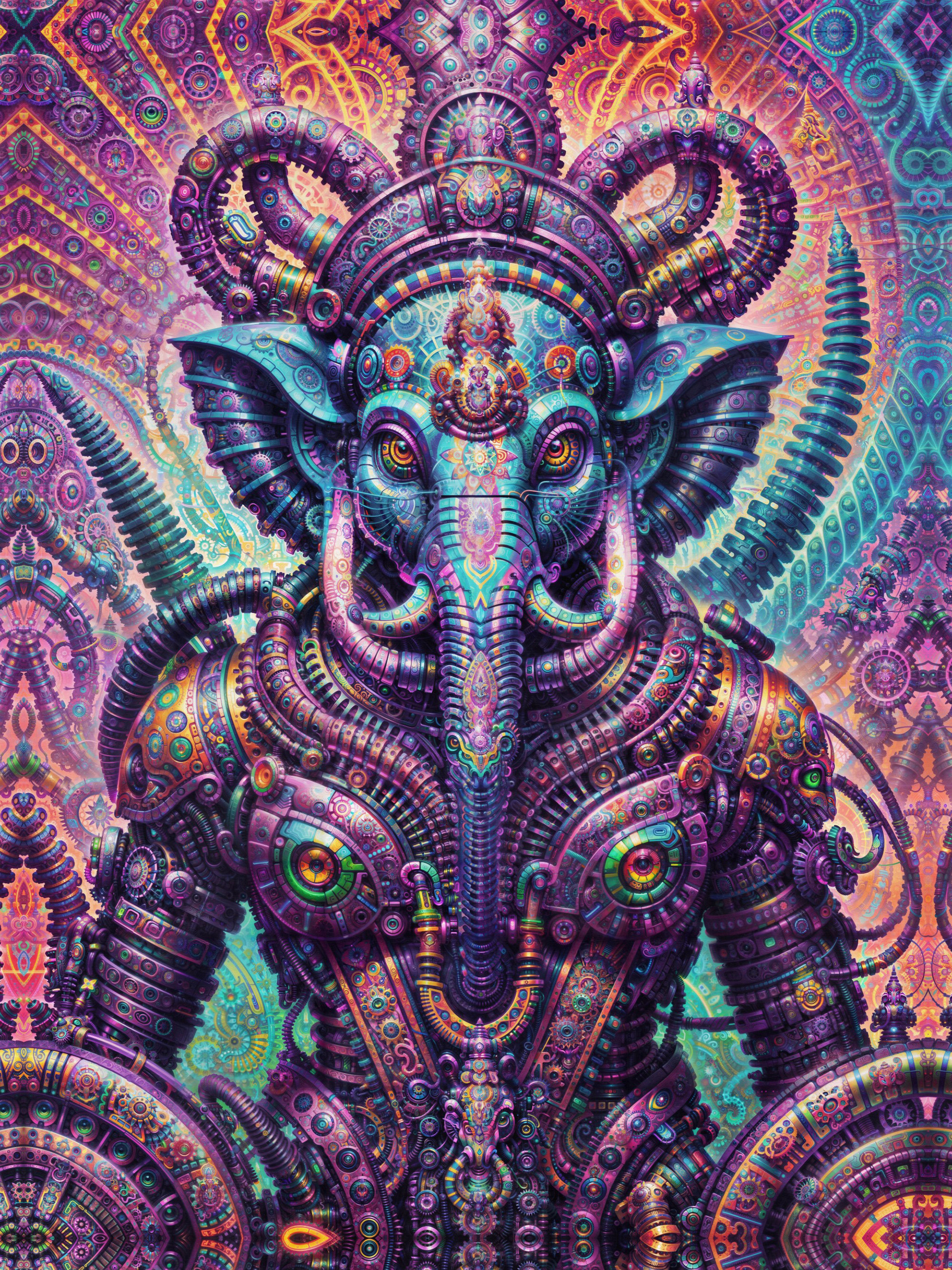 Ornate biomechanical psychedelic visionary art by Sri Lankan artist Nuwan Shilpa Hennayake, depicting a cybernetic Ganesha. The elephant deity is composed of complex purple and teal mechanical parts, gears, and hydraulic tubes, set within a highly detailed, symmetrical background of glowing recursive geometry and neural filaments.