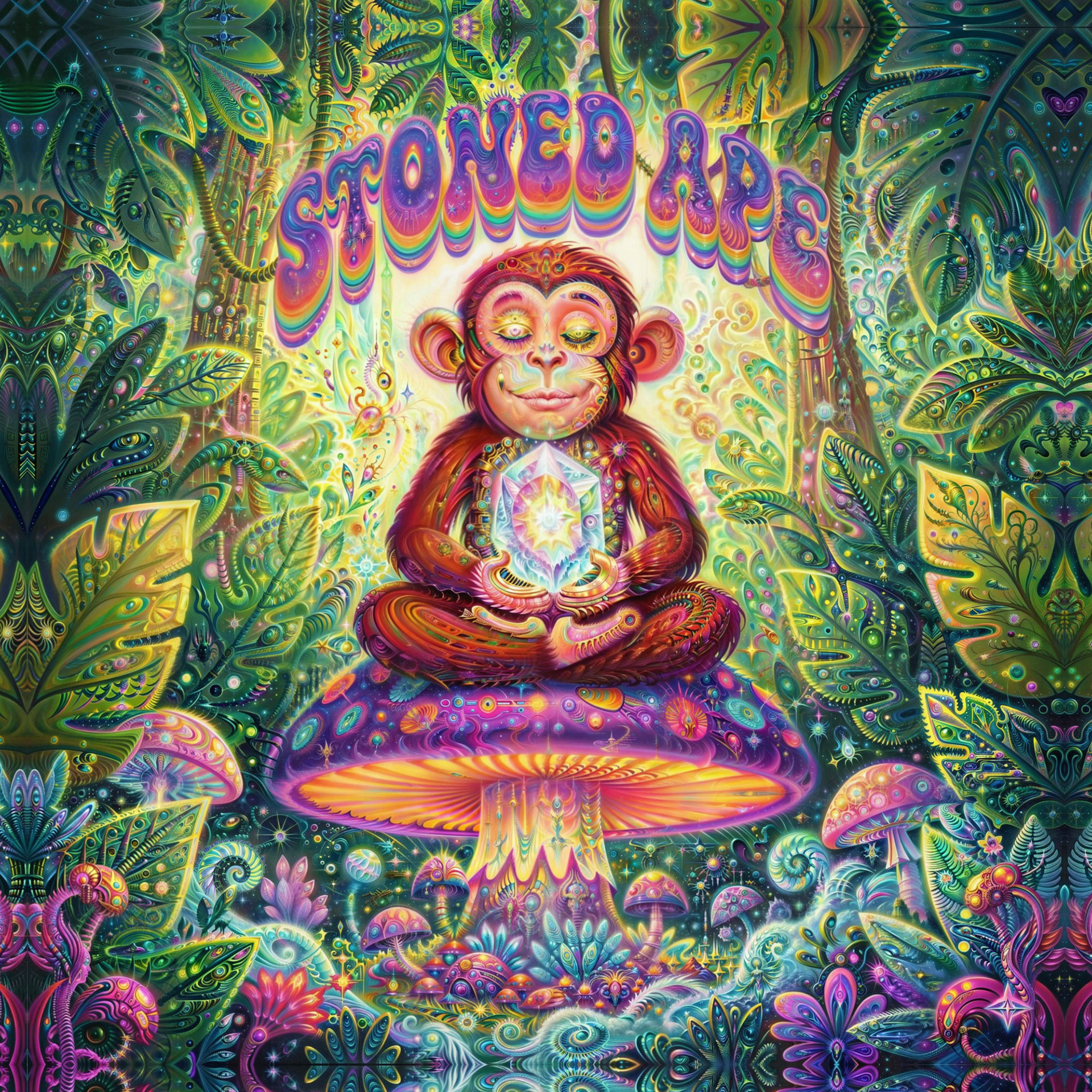 Vibrant psychedelic visionary art by Sri Lankan artist Nuwan Shilpa Hennayake, featuring a meditative "Stoned Ape" figure on a glowing mushroom, holding a luminous crystal amidst a lush, symmetrical jungle filled with cosmic energy.