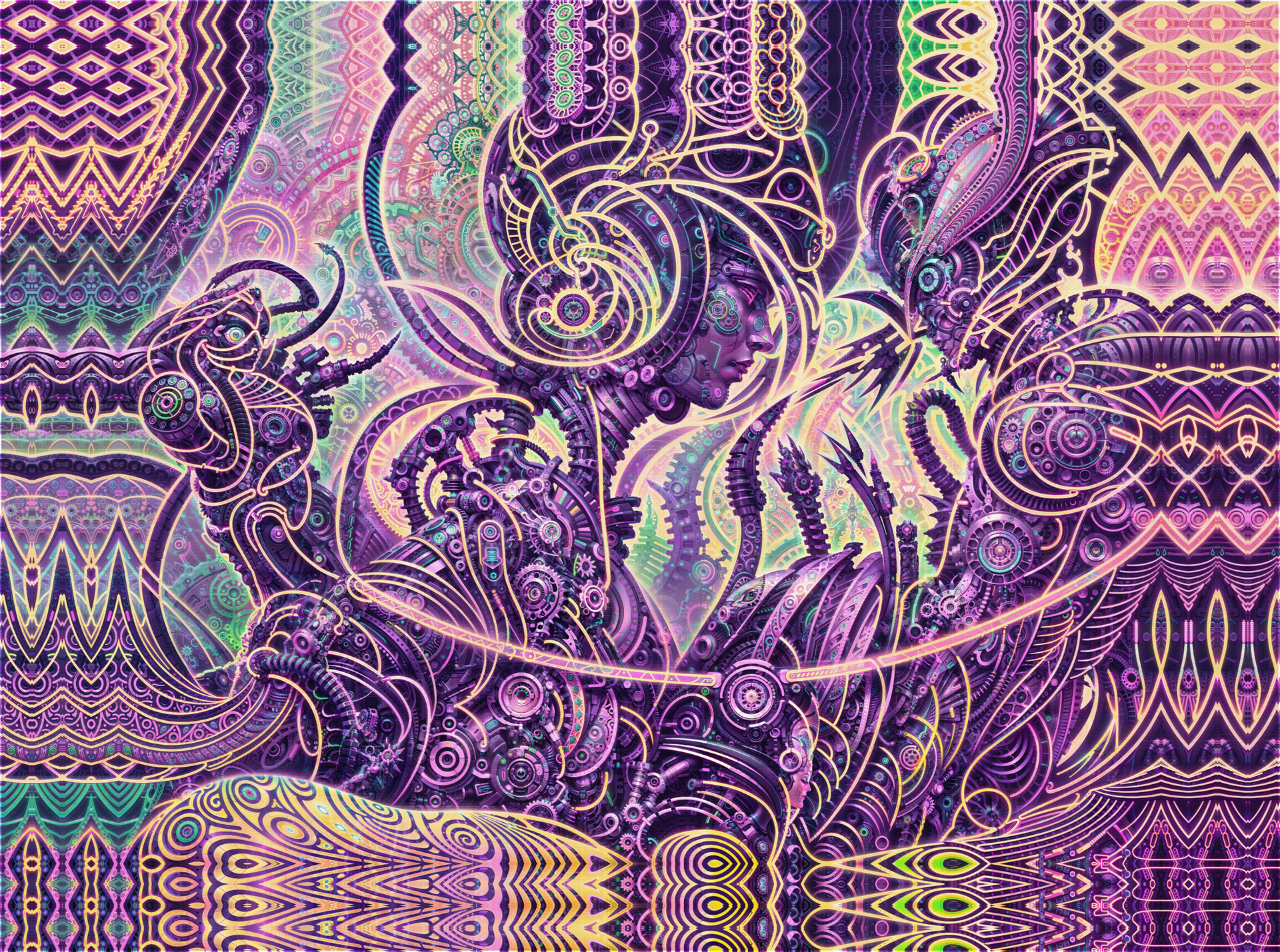 Symmetrical psychedelic visionary art by Sri Lankan artist Nuwan Shilpa Hennayake, featuring a profile of a cybernetic figure in deep purple and gold, surrounded by a swirling vortex of recursive mechanical patterns, glowing energy ribbons, and intricate Giger-esque biomechanical structures.