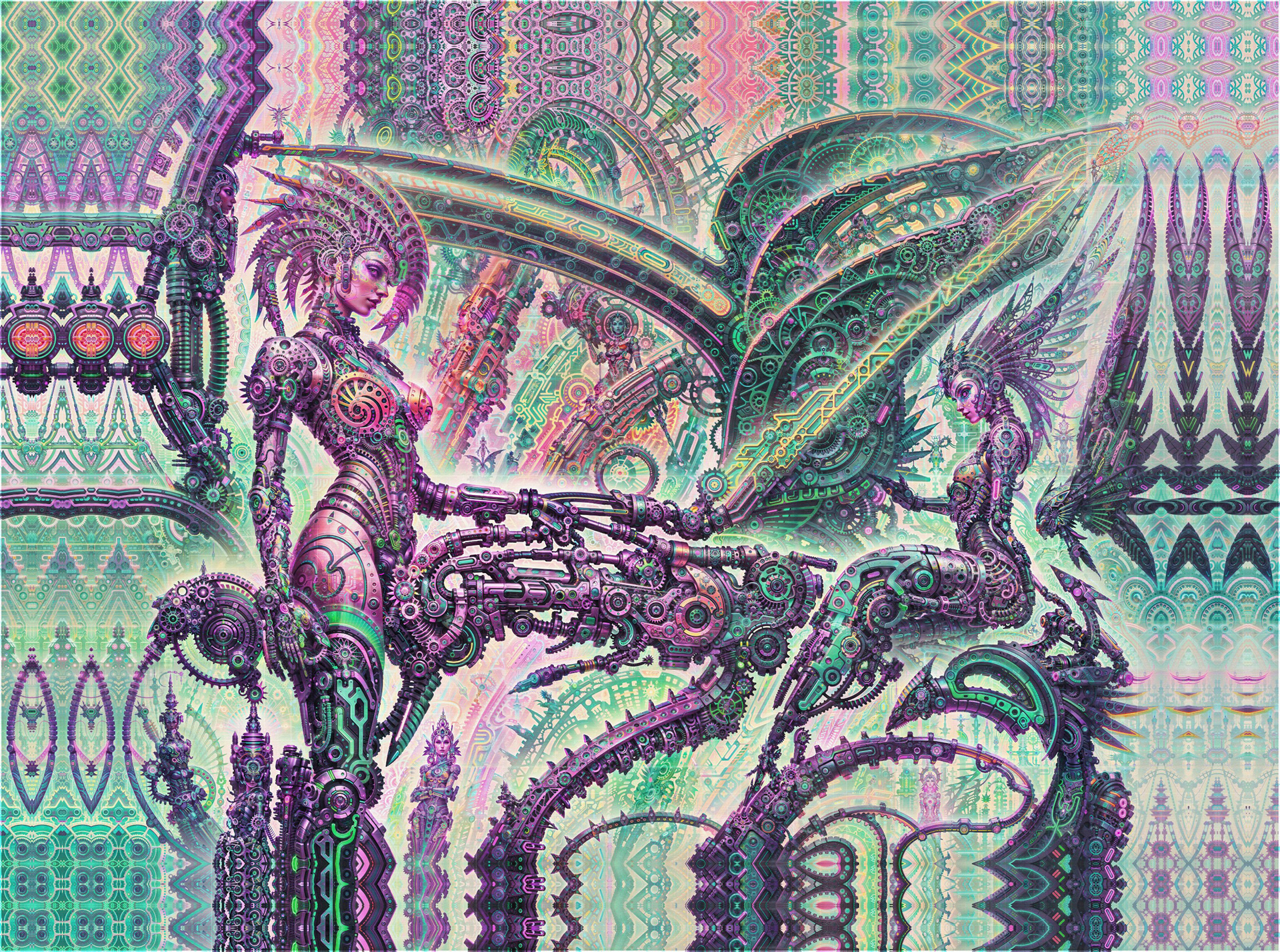Intricate biomechanical psychedelic visionary art by Sri Lankan artist Nuwan Shilpa Hennayake, featuring two cybernetic feminine figures with mohawk-style headpieces integrated into a complex green and purple machine landscape of gears, wings, and recursive fractal geometry.