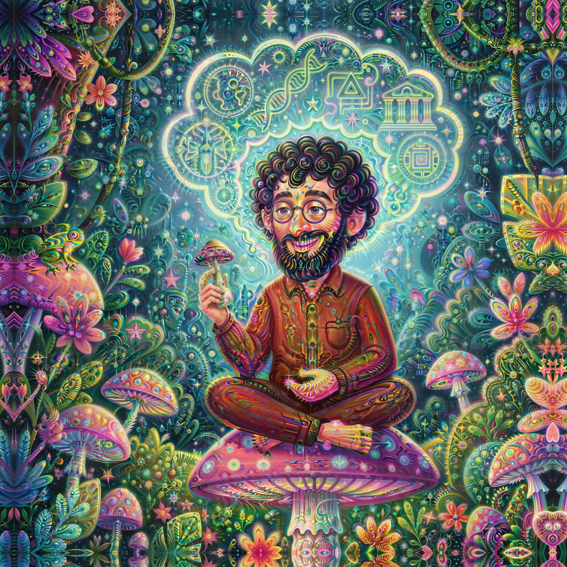 Vibrant psychedelic visionary art by Sri Lankan artist Nuwan Shilpa Hennayake, featuring a central caricature of Terence McKenna in a meditative pose seated on a massive glowing mushroom. He holds a smaller ornate mushroom while surrounded by a dense, symmetrical jungle of magical flora and a thought cloud filled with complex alchemical, DNA, and celestial symbols.