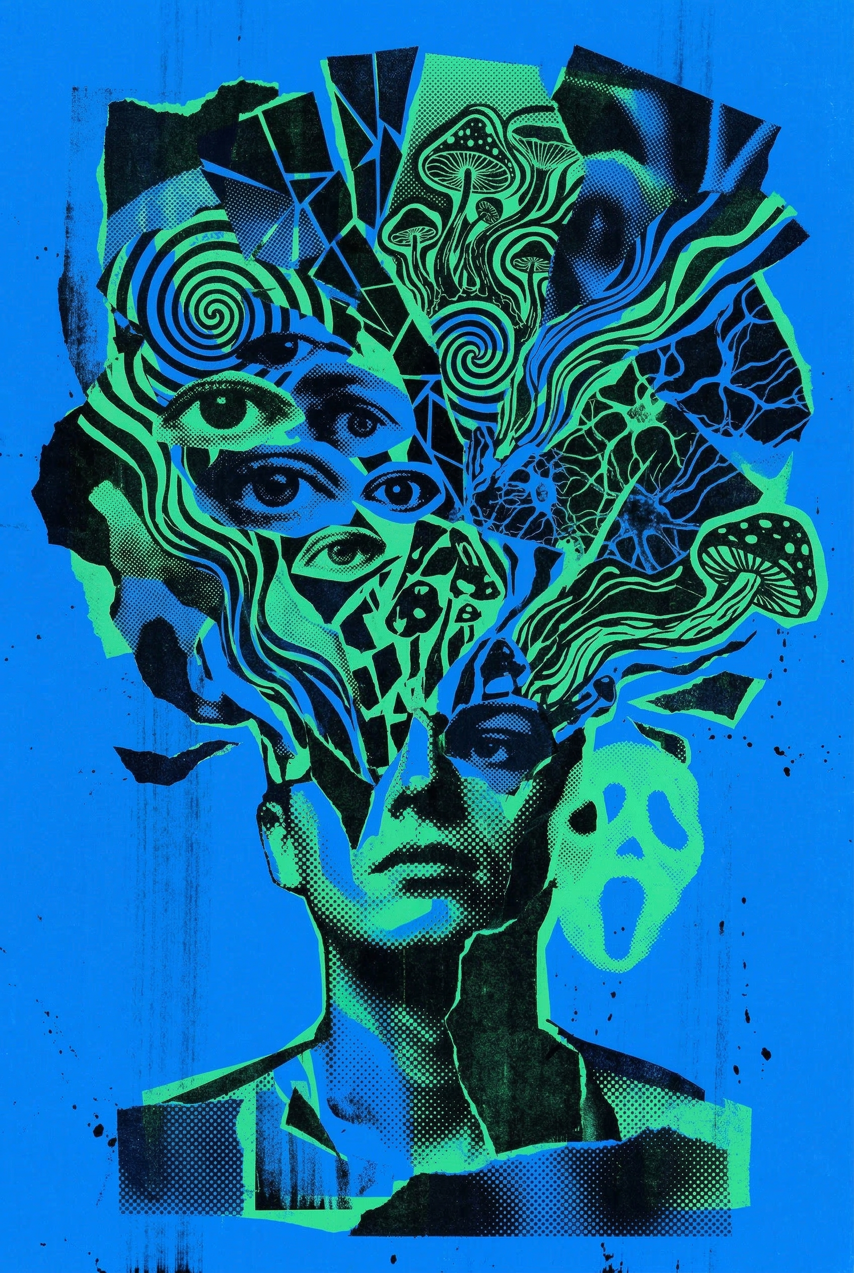 High-contrast psychedelic pop-art collage by Sri Lankan artist Nuwan Shilpa Hennayake, featuring a central human silhouette with a fragmented mind filled with multiple eyes, swirling hypnotic patterns, and organic mushroom clusters in vibrant neon green and deep blue.