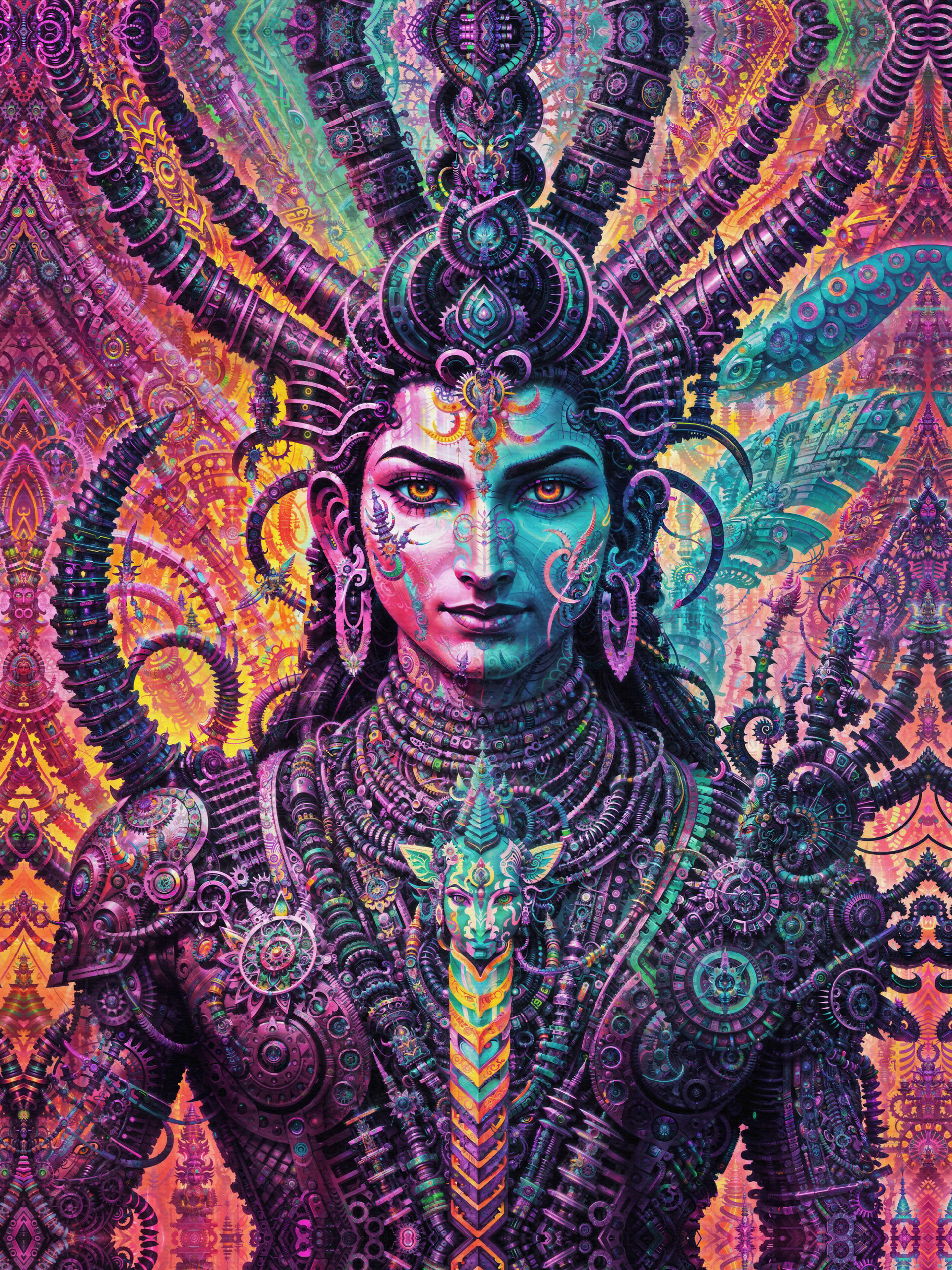 Detailed psychedelic visionary artwork by Sri Lankan artist Nuwan Shilpa Hennayake, reinterpreting Lord Shiva with a symmetrical biomechanical aesthetic. The deity features teal and purple cybernetic plating, glowing orange eyes, and serpentine mechanical appendages integrated into a dense, rainbow-hued fractal landscape.