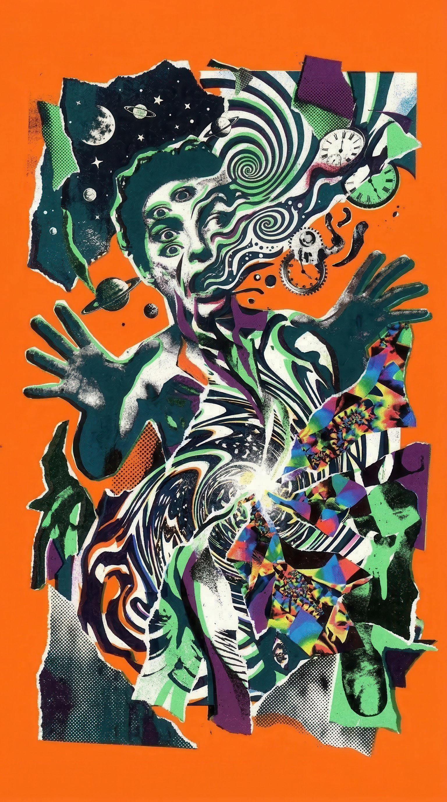 Dynamic psychedelic pop-art collage by Sri Lankan artist Nuwan Shilpa Hennayake, featuring a multi-eyed figure in a state of shock, surrounded by floating clocks, celestial planets, and a vortex of swirling liquid patterns against a bold orange background.