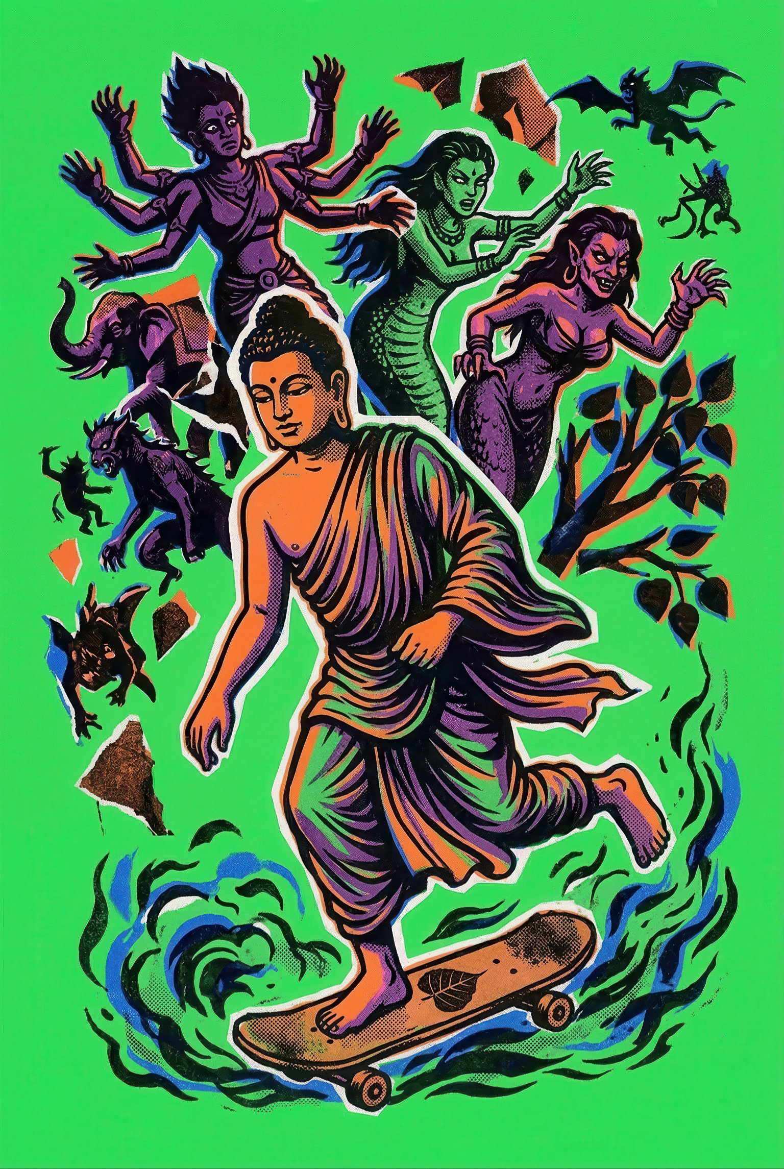 Playful psychedelic pop-art by Sri Lankan artist Nuwan Shilpa Hennayake, featuring a serene Buddha skateboarding on a board adorned with a Bodhi leaf, while being playfully pursued by various demons and celestial figures against a bright neon green background.