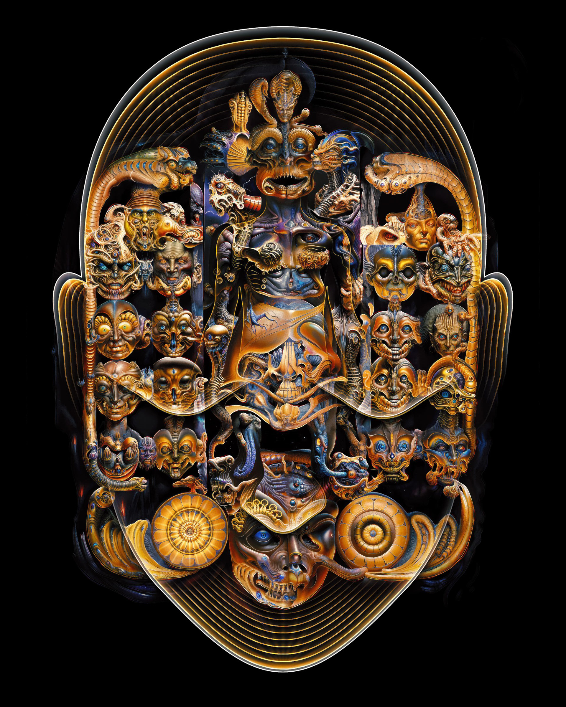 Ornate biomechanical psychedelic visionary art by Sri Lankan artist Nuwan Shilpa Hennayake, reinterpreting traditional Sri Lankan mask culture with a central golden entity composed of dozens of unique Giger-esque faces, intricate gears, and recursive mechanical eyes within a black void.