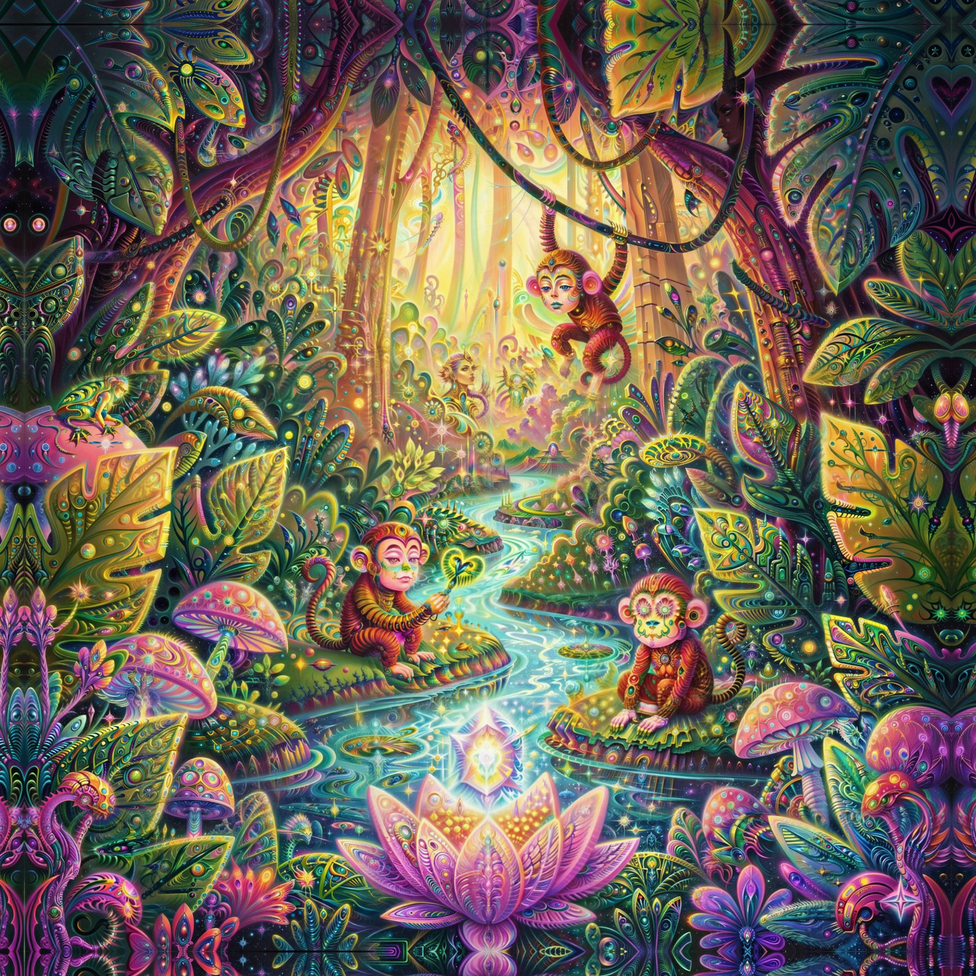 Vibrant psychedelic visionary art by Sri Lankan artist Nuwan Shilpa Hennayake, depicting a magical river landscape within a lush, symmetrical jungle where primates gather around a glowing lotus containing a cosmic crystal amidst bioluminescent flora and recursive natural geometry.