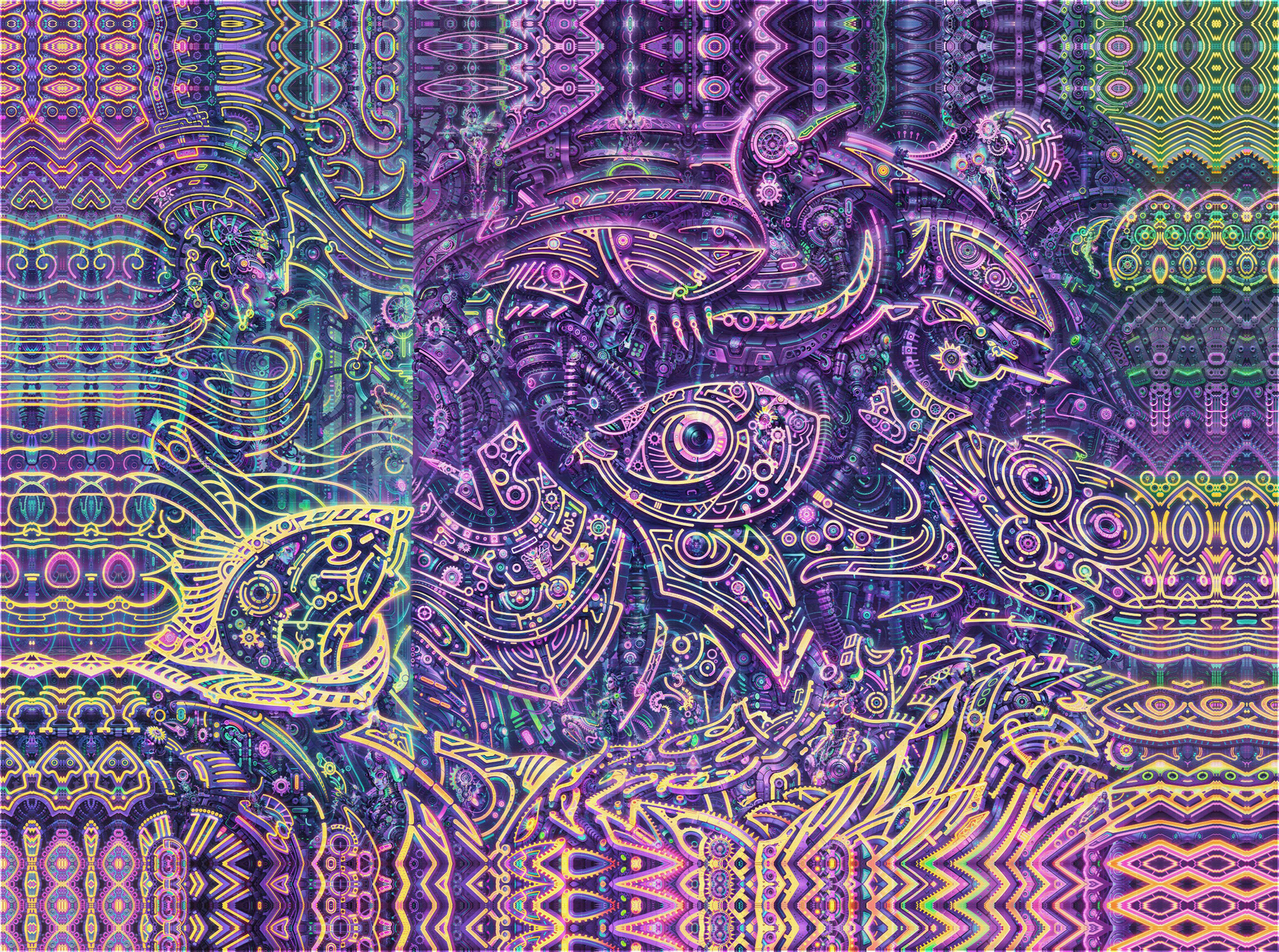 Surreal biomechanical psychedelic visionary art by Sri Lankan artist Nuwan Shilpa Hennayake, featuring a giant mechanical eye integrated into a complex nautical machine landscape of bioluminescent gears, metallic fish forms, and symmetrical fractal waves in deep purple and glowing gold.