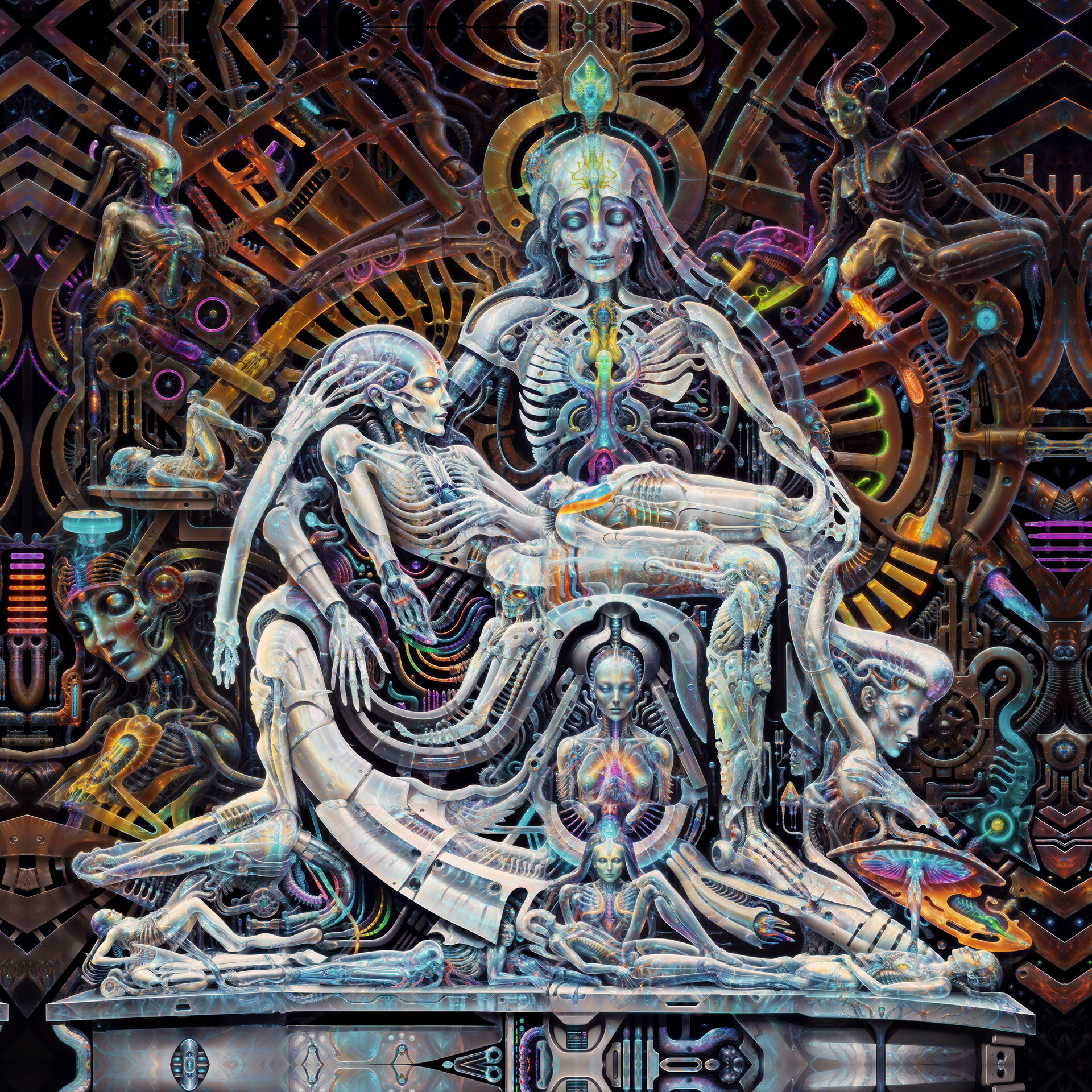 Detailed biomechanical psychedelic visionary art by Sri Lankan artist Nuwan Shilpa Hennayake, reinterpreting the Pieta with a central cybernetic feminine deity cradling a robotic figure amidst a complex, symmetrical landscape of intricate Giger-esque machine structures, skeletal circuits, and glowing neural filaments.