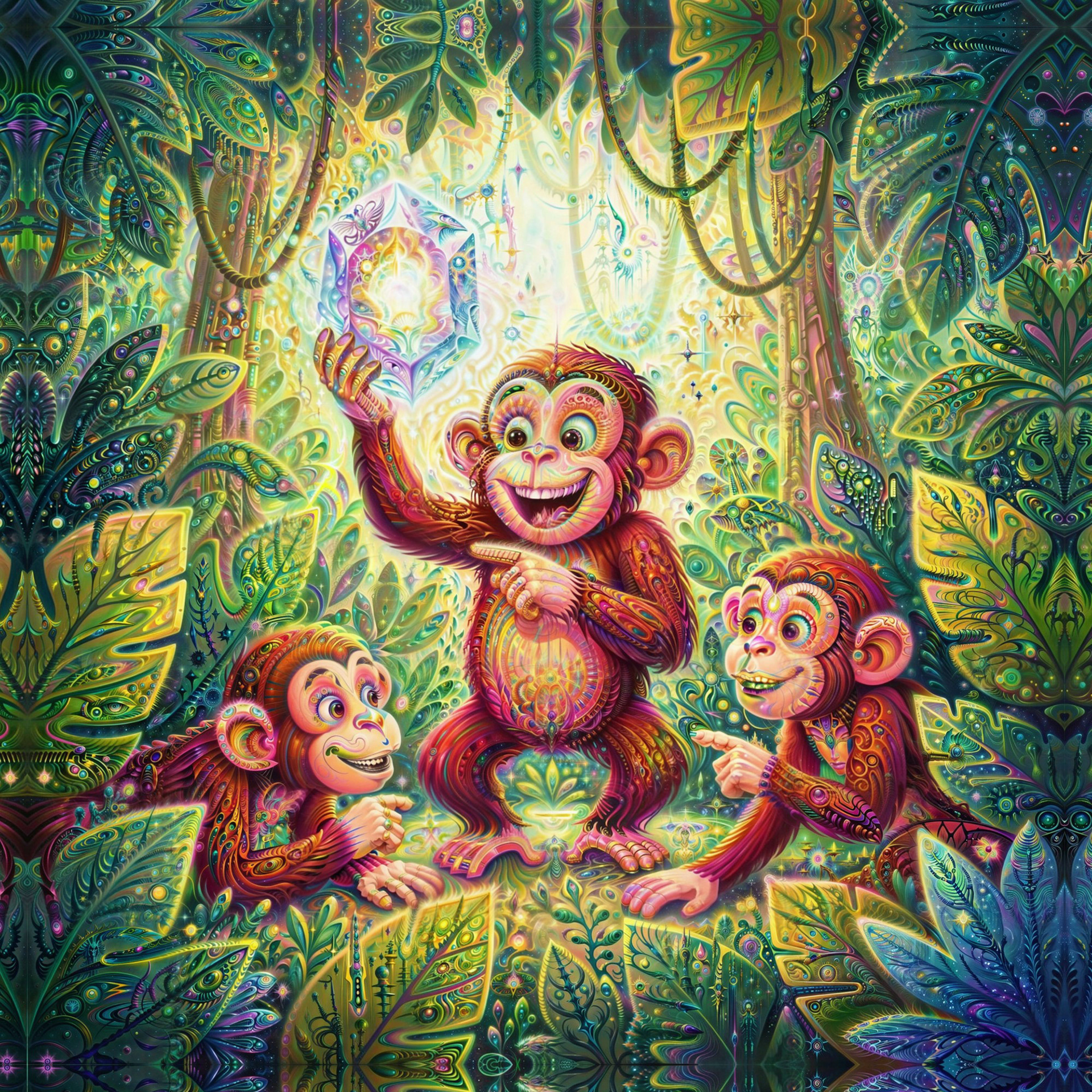Vibrant psychedelic visionary art by Sri Lankan artist Nuwan Shilpa Hennayake, featuring three primates discovering a glowing geometric crystal in a magical, symmetrical forest filled with light and cosmic energy.