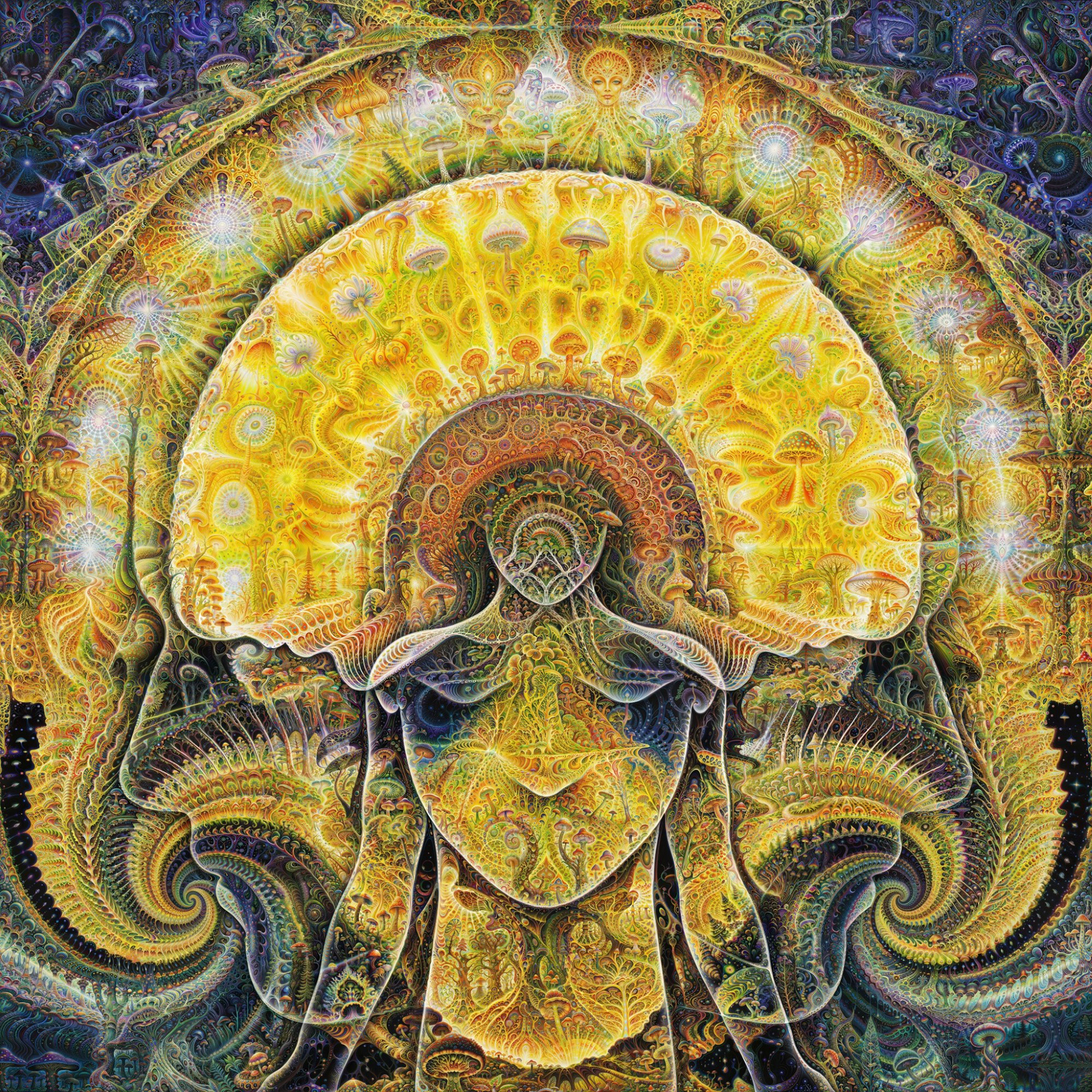 Vibrant psychedelic visionary art by Sri Lankan artist Nuwan Shilpa Hennayake, featuring a central silhouette of a meditative figure with a massive, glowing golden mushroom halo teeming with intricate fungal networks, celestial spores, and recursive fractal landscapes.