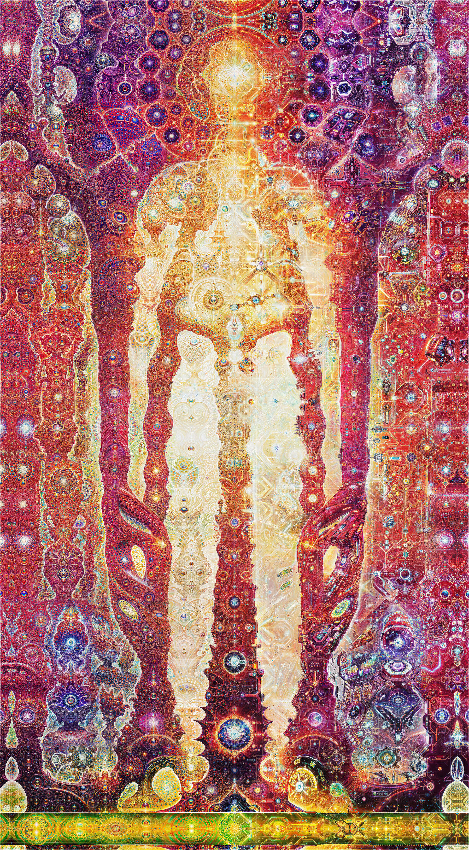 Monumental psychedelic visionary art by Sri Lankan artist Nuwan Shilpa Hennayake, titled "Human Experience." This vertical artwork features a towering, luminous celestial entity composed of intricate golden fractals and sacred geometry, set against a dense, symmetrical background of deep purple and red cosmic circuitry, neural networks, and mystical symbols.