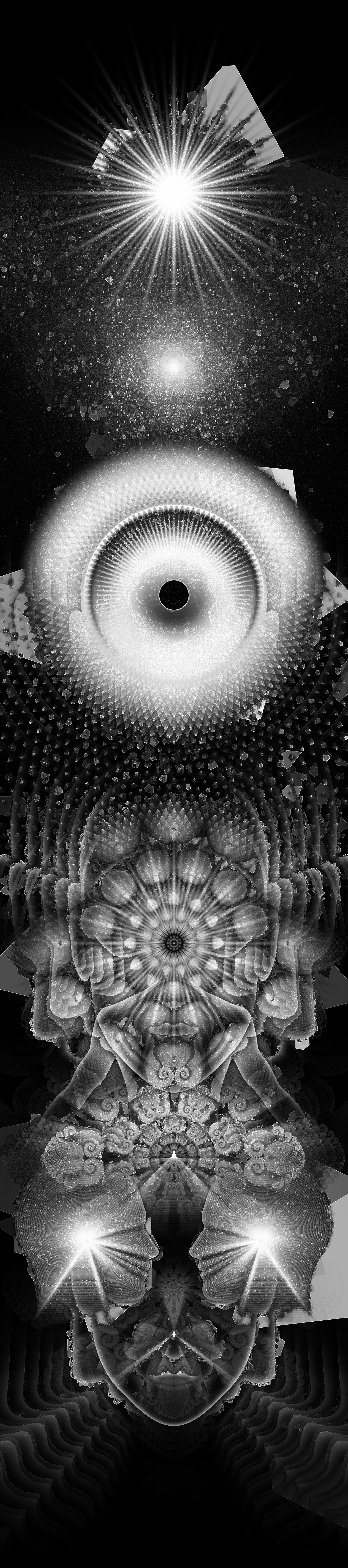 Vertical monochromatic psychedelic visionary art by Sri Lankan artist Nuwan Shilpa Hennayake, titled "Nibbana." This black and white artwork depicts a celestial journey towards a central blinding light source, featuring recursive fractal faces, ornate lotus patterns, and cosmic starfields that symbolize the state of ultimate peace and spiritual transcendence.