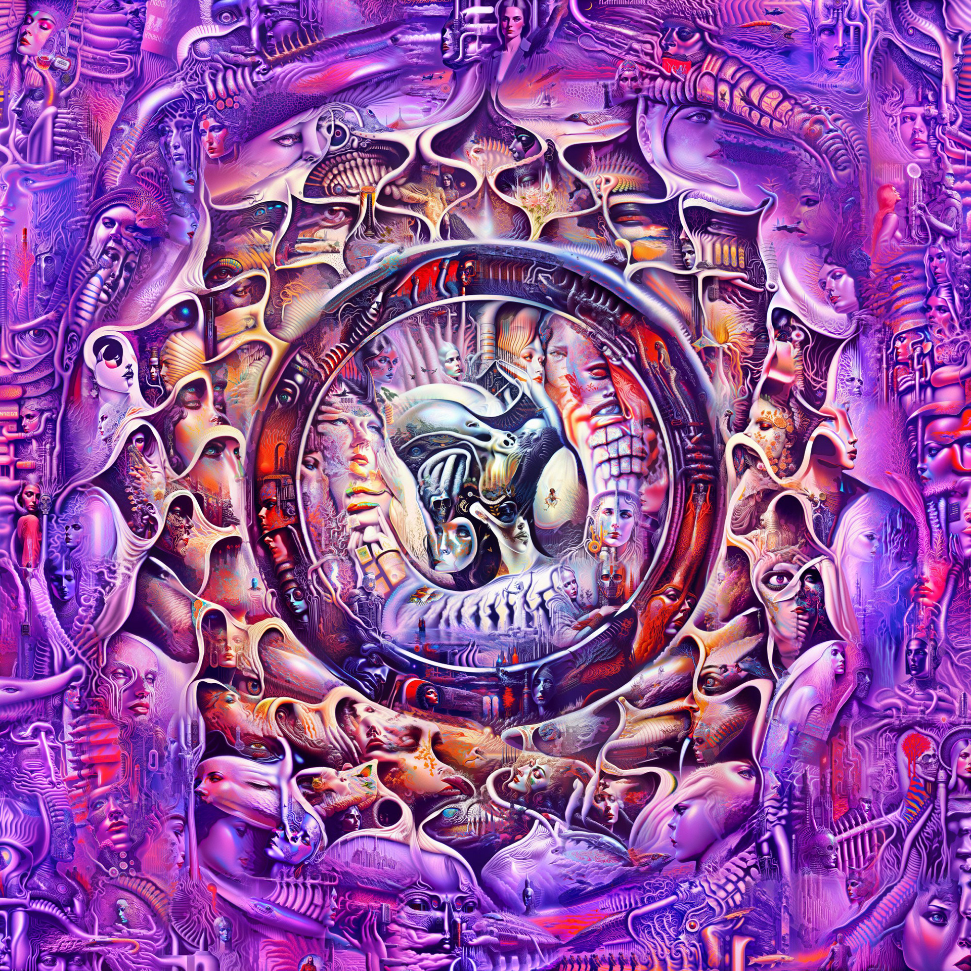 Intricate biomechanical psychedelic visionary art by Sri Lankan artist Nuwan Shilpa Hennayake, featuring a central triangular portal containing layers of serene faces and ethereal structures, surrounded by a dense, indigo and violet landscape of recursive anatomical patterns, neural filaments, and H.R. Giger-inspired organic machine textures.