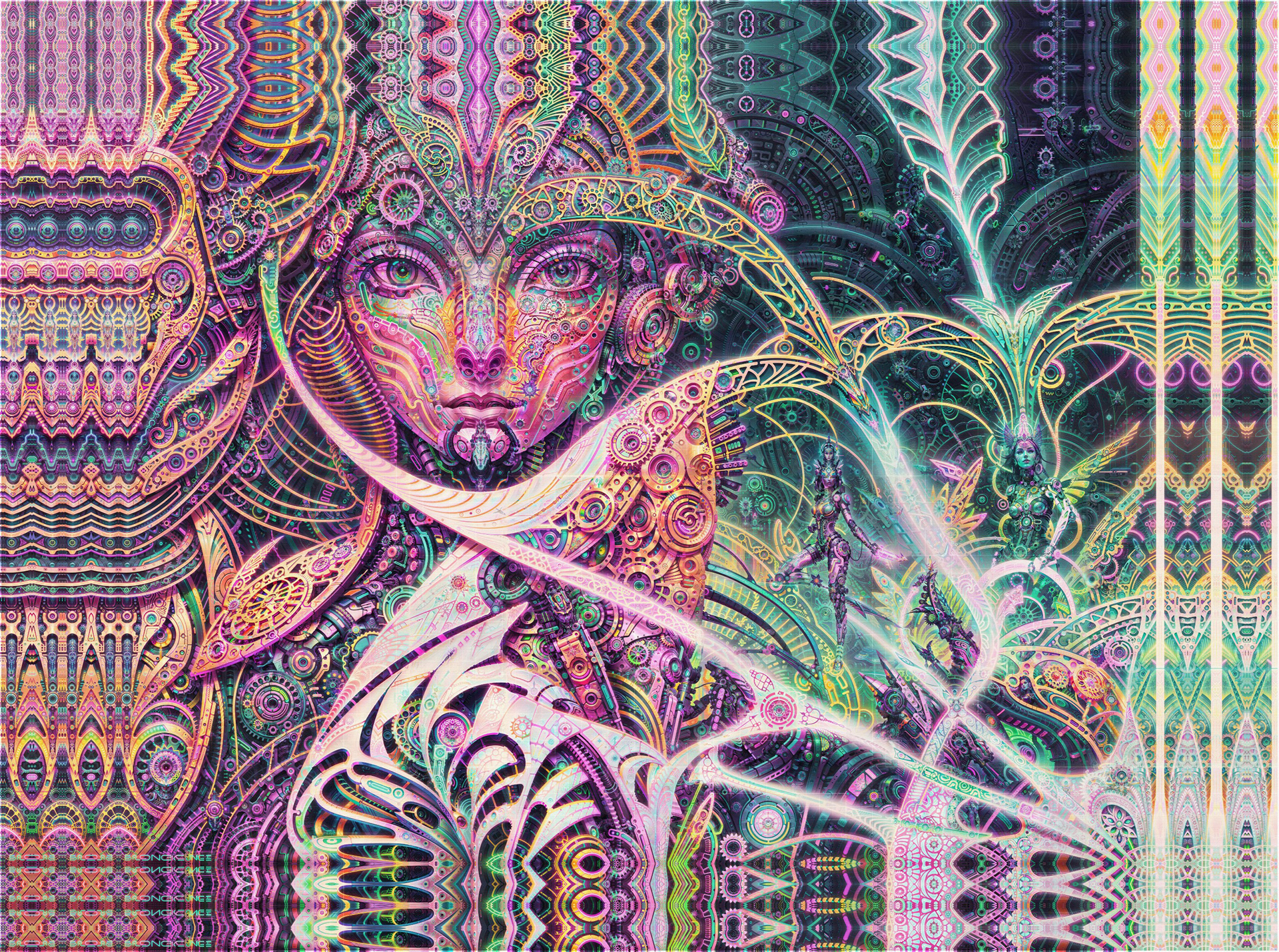 A vibrant psychedelic visionary painting by Sri Lankan artist Nuwan Shilpa Hennayake, showcasing a close-up of a biomechanical face with glowing eyes emerging from a dense, neon-colored fractal environment of intricate gears, organic machine parts, and cosmic light.