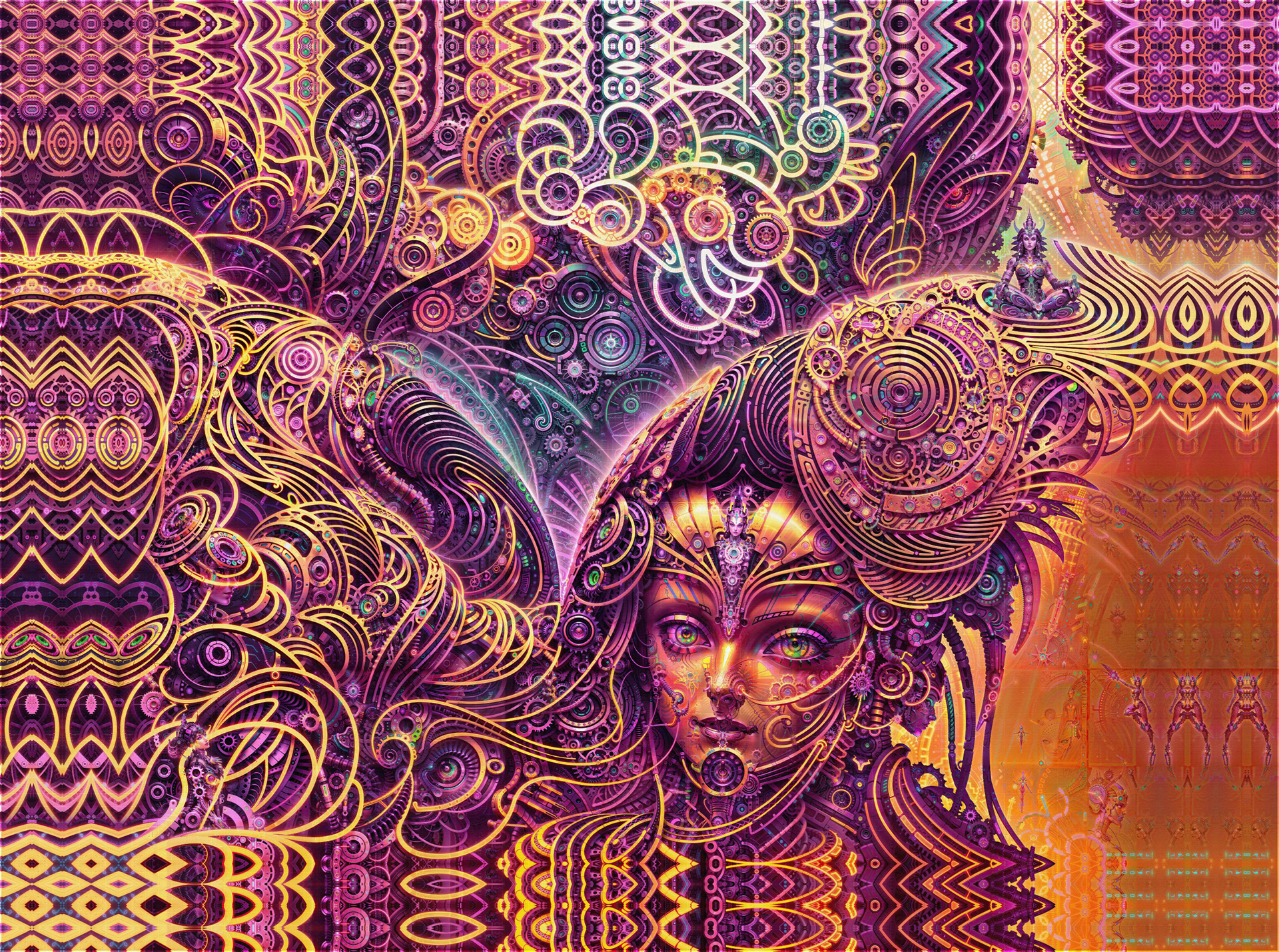 Vibrant biomechanical psychedelic visionary art by Sri Lankan artist Nuwan Shilpa Hennayake, featuring a central mechanical feminine face with glowing eyes integrated into a swirling vortex of golden gears, recursive fractal waves, and purple cosmic energy filaments.
