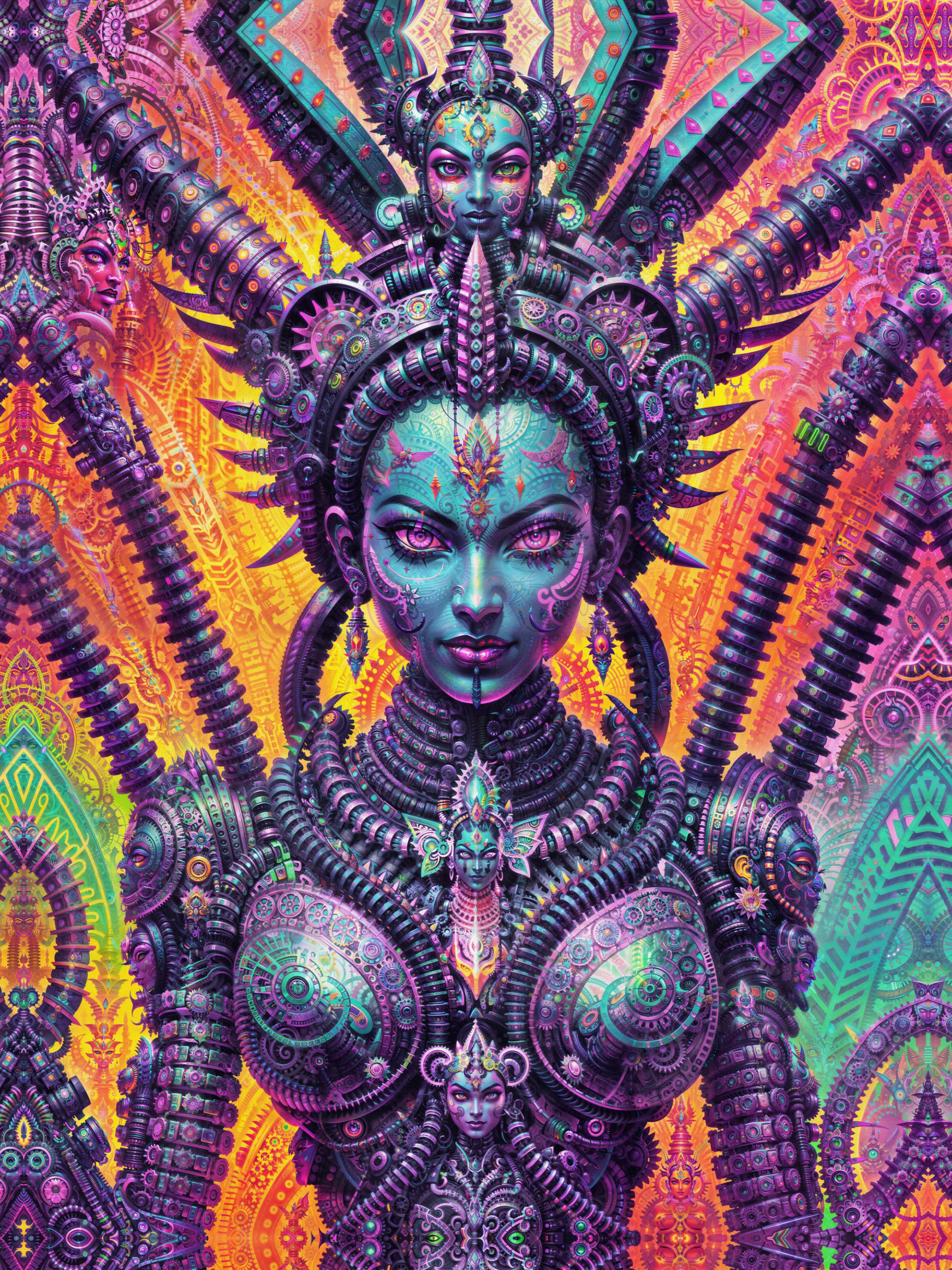 Striking psychedelic visionary art by Sri Lankan artist Nuwan Shilpa Hennayake, featuring a fierce biomechanical Goddess Kali. The figure is adorned with intricate purple and teal cybernetic armor and multiple mechanical arms, integrated into a fiery orange and yellow fractal environment filled with recursive floral and machine details.