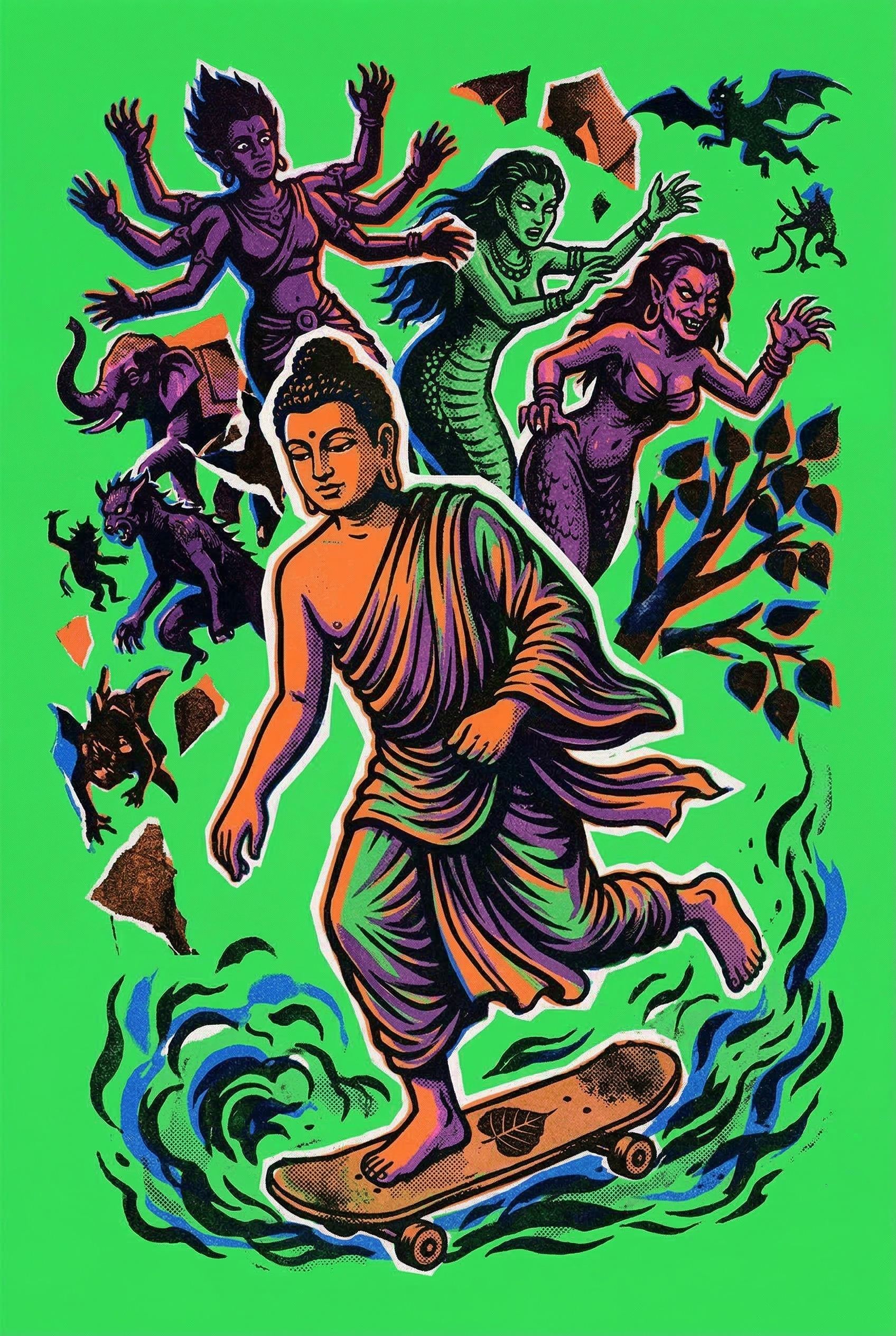 Playful psychedelic pop-art by Sri Lankan artist Nuwan Shilpa Hennayake, featuring a serene Buddha skateboarding on a board adorned with a Bodhi leaf, while being playfully pursued by various demons and celestial figures against a bright neon green background.