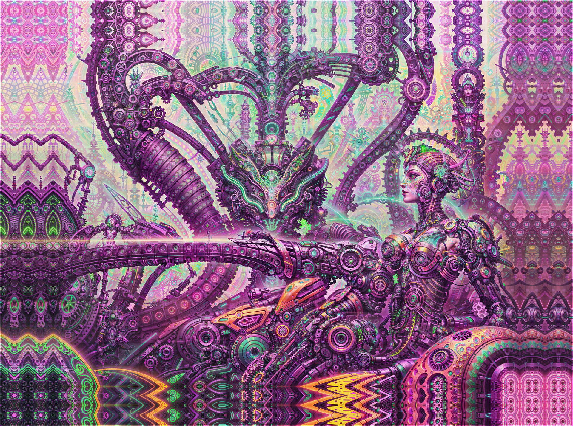 Vibrant biomechanical psychedelic visionary art by Sri Lankan artist Nuwan Shilpa Hennayake, showcasing a mechanical feminine figure seated before a colossal, multi-armed machine deity within a dense landscape of glowing gears and recursive fractal energy.
