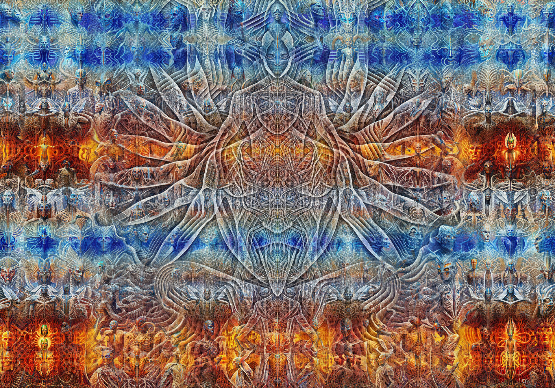 Complex psychedelic visionary art by Sri Lankan artist Nuwan Shilpa Hennayake, featuring a massive, translucent central deity silhouette overlapping a dense, symmetrical field of hundreds of unique biomechanical entities and anatomical figures in a fiery orange and deep blue cosmic gradient.