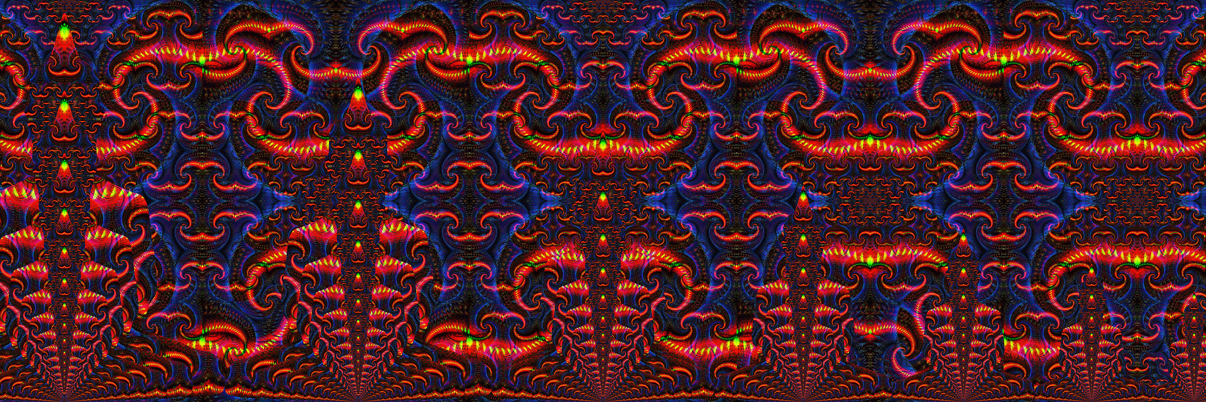Vibrant psychedelic visionary art by Sri Lankan artist Nuwan Shilpa Hennayake, titled "Kundalini." This piece features a dense, symmetrical tapestry of recursive fractal patterns in fiery reds, oranges, and deep blues, representing the awakening of spiritual energy through intricate, flowing geometric motifs and bioluminescent textures.