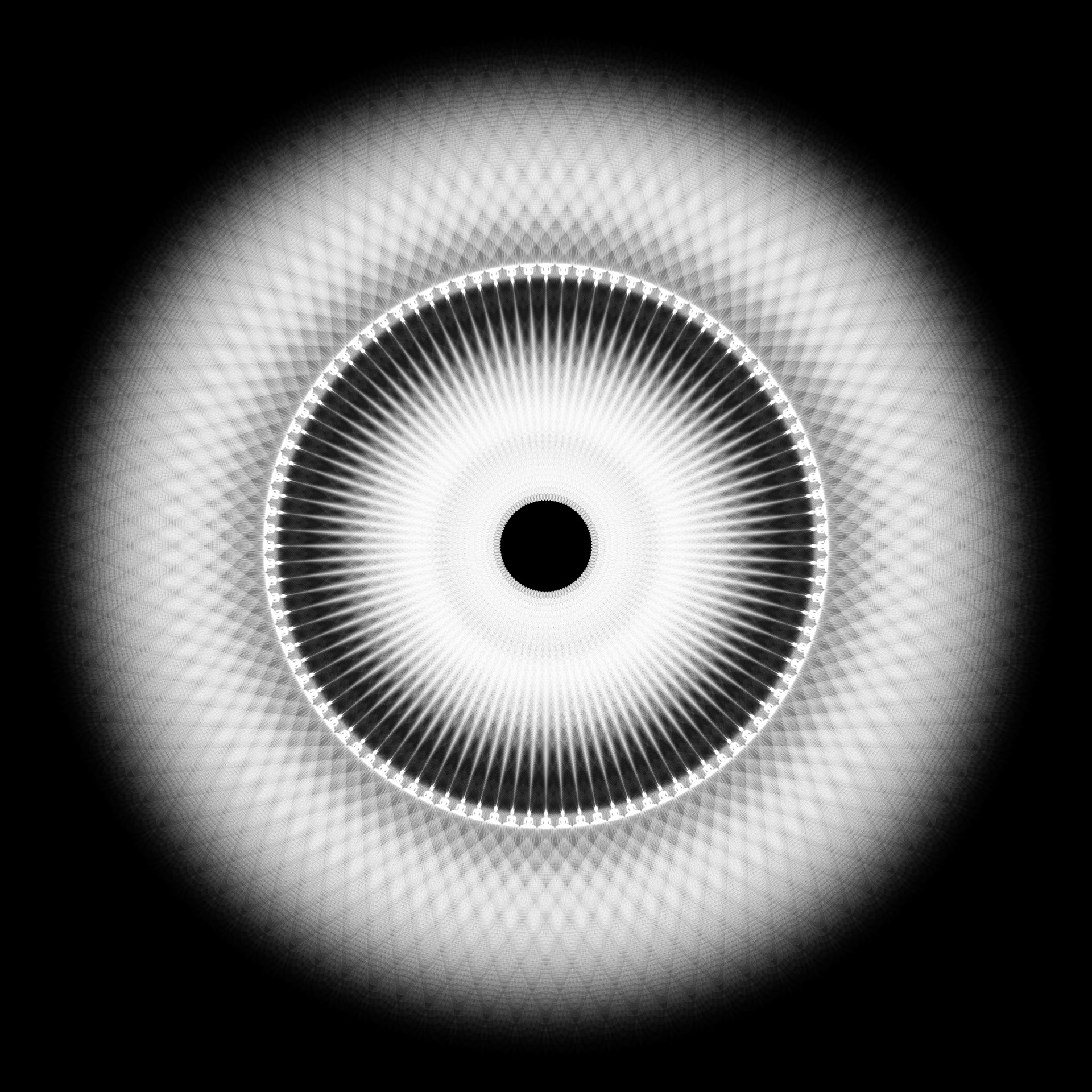 Minimalist psychedelic artwork by Sri Lankan artist Nuwan Shilpa Hennayake, depicting a glowing white circular field of light composed of infinite radiating lines and recursive dots, representing a "Buddha Field" or pure land of consciousness.