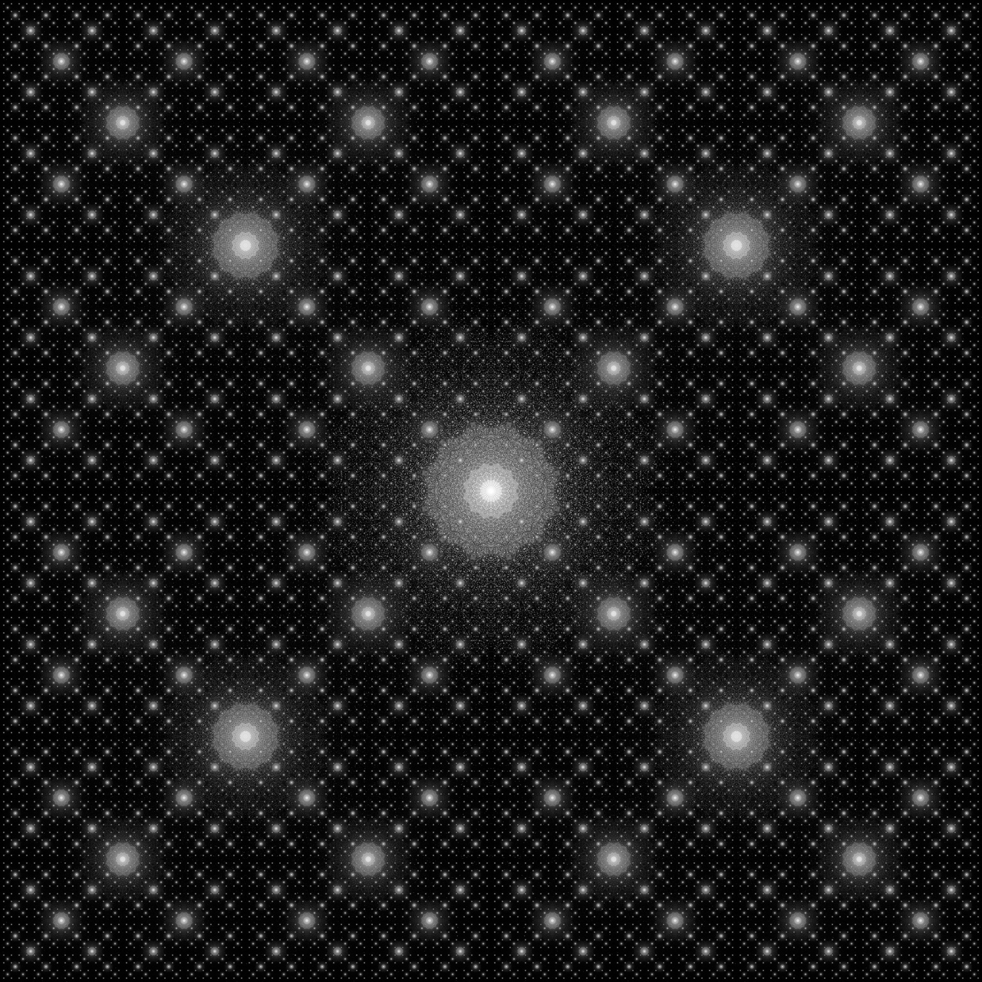 Detailed geometric digital art by Sri Lankan artist Nuwan Shilpa Hennayake, showcasing a vast, symmetrical grid of luminous white points and recursive fractal patterns, visualizing the underlying frequency and structure of the cosmos.