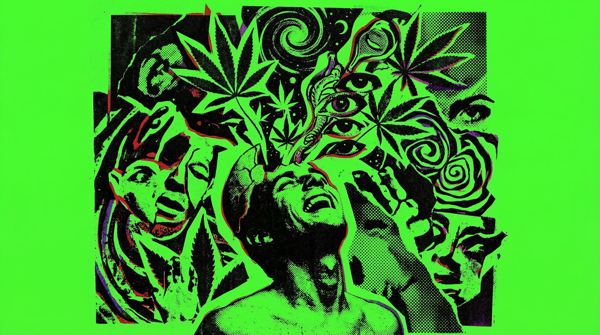 Vibrant psychotropic collage art by Sri Lankan artist Nuwan Shilpa Hennayake, depicting a central figure experiencing a transcendental state, surrounded by multiple screaming faces, cannabis leaves, and recursive swirling cosmic patterns in a bold neon green and black halftone style.