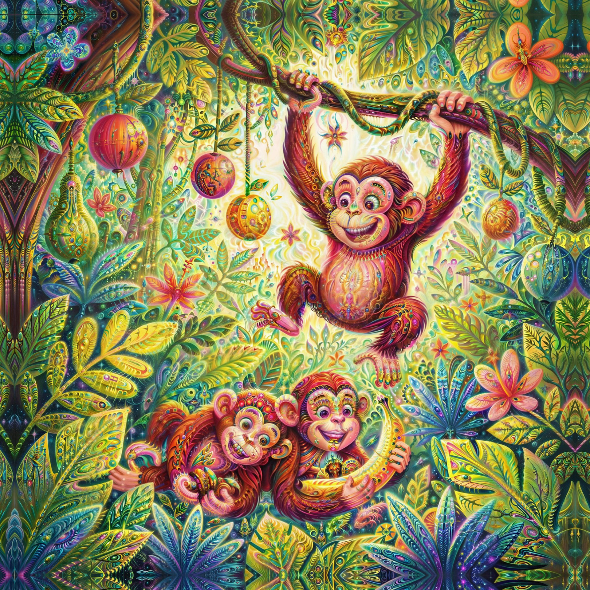 Detailed psychedelic visionary art by Sri Lankan artist Nuwan Shilpa Hennayake, depicting multiple playful primates swinging through a vibrant, glowing tropical jungle filled with bioluminescent flora and recursive natural geometry.