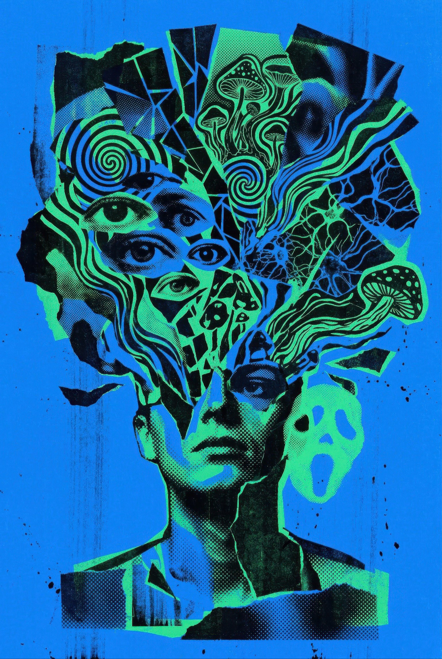 High-contrast psychedelic pop-art collage by Sri Lankan artist Nuwan Shilpa Hennayake, featuring a central human silhouette with a fragmented mind filled with multiple eyes, swirling hypnotic patterns, and organic mushroom clusters in vibrant neon green and deep blue.