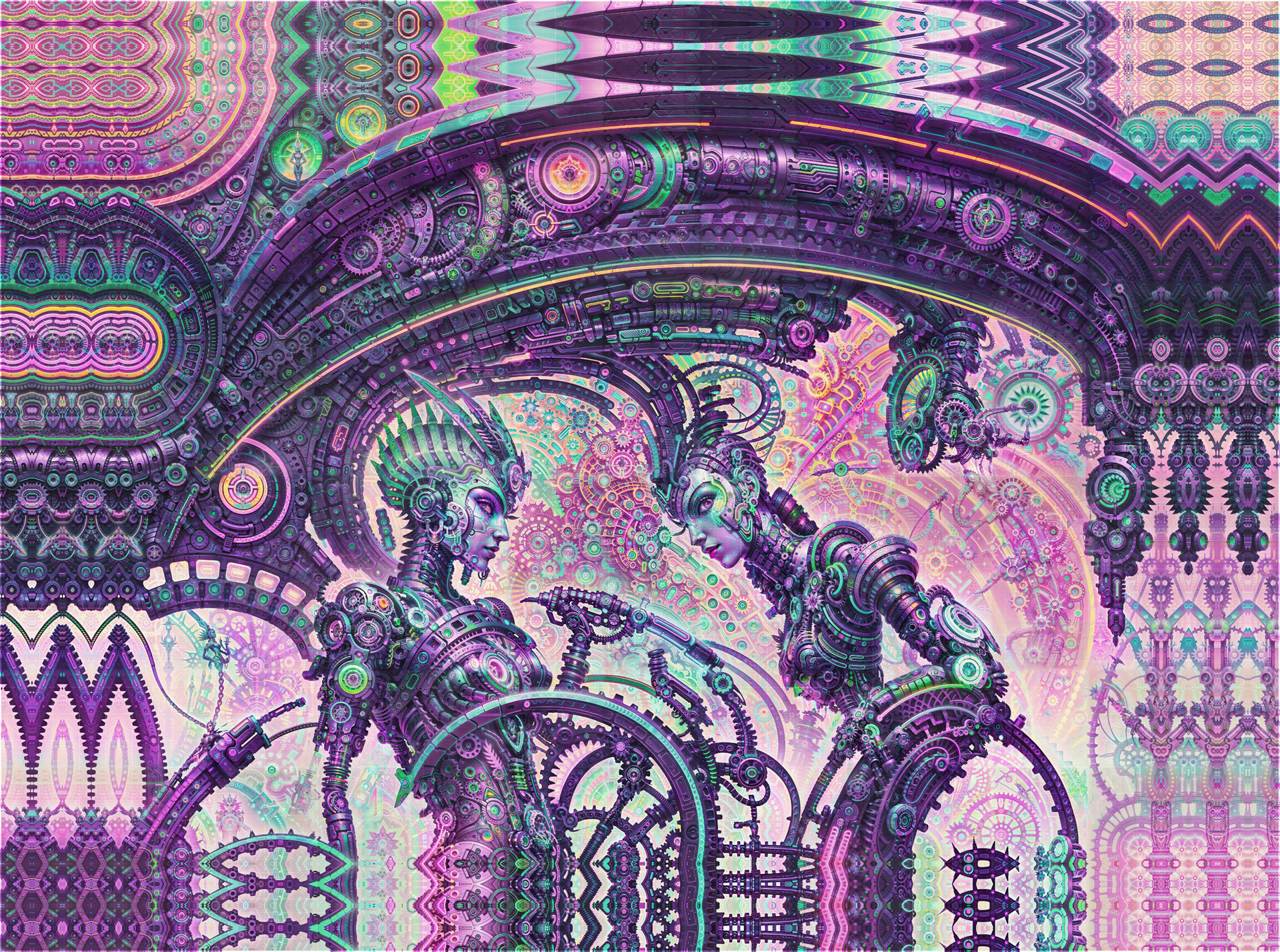 Detailed psychedelic visionary artwork by Sri Lankan artist Nuwan Shilpa Hennayake, depicting two biomechanical goddesses facing each other under a massive celestial archway of gears, neon filaments, and symmetrical teal and purple machine structures.