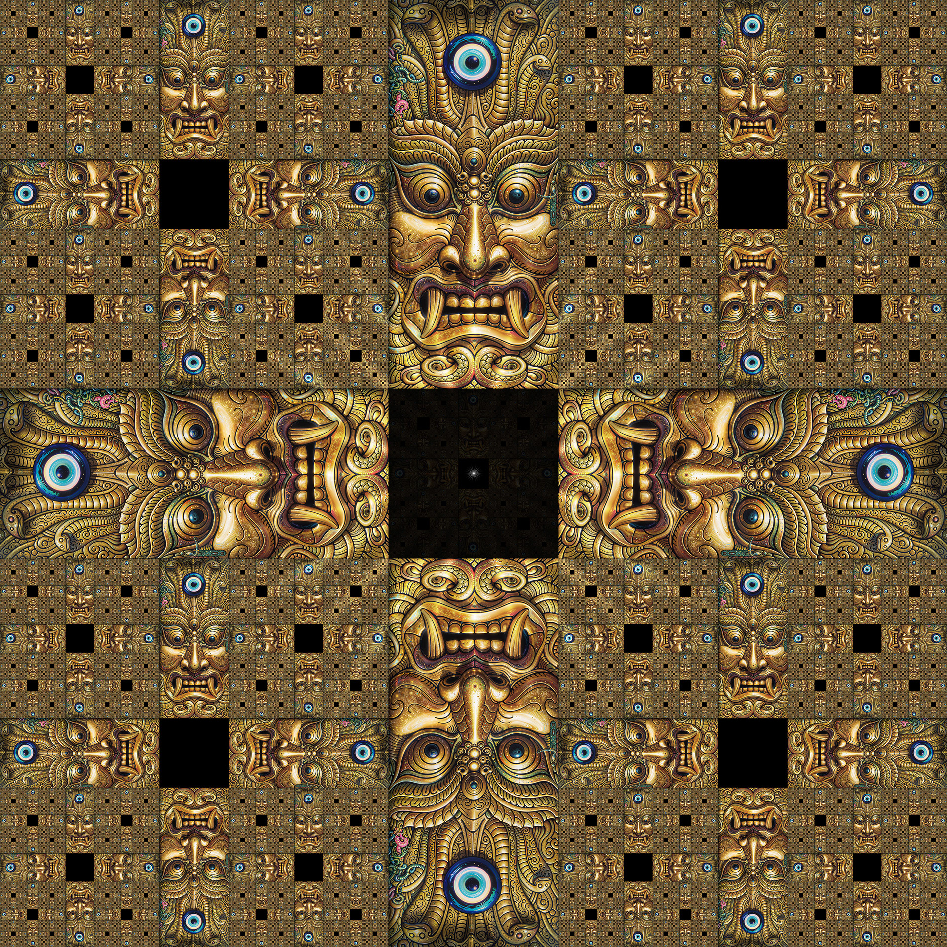 Ornate biomechanical psychedelic visionary art by Sri Lankan artist Nuwan Shilpa Hennayake, titled "Watchers Lattice." The piece features a symmetrical grid of golden, Giger-esque Raksha masks integrated into a dense mechanical lattice. Each mask is adorned with a central glowing blue cybernetic eye, set against a recursive background of intricate bronze circuitry and organic machine patterns.