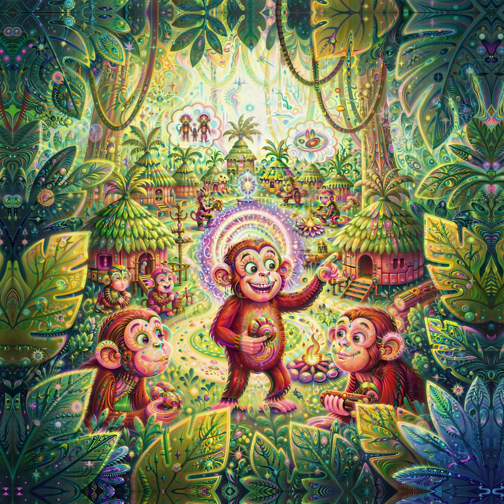 Vibrant psychedelic visionary art by Sri Lankan artist Nuwan Shilpa Hennayake, showing primates in a futuristic tribal village of glowing, feather-adorned huts under a sky filled with cosmic energy and mystical symbols.